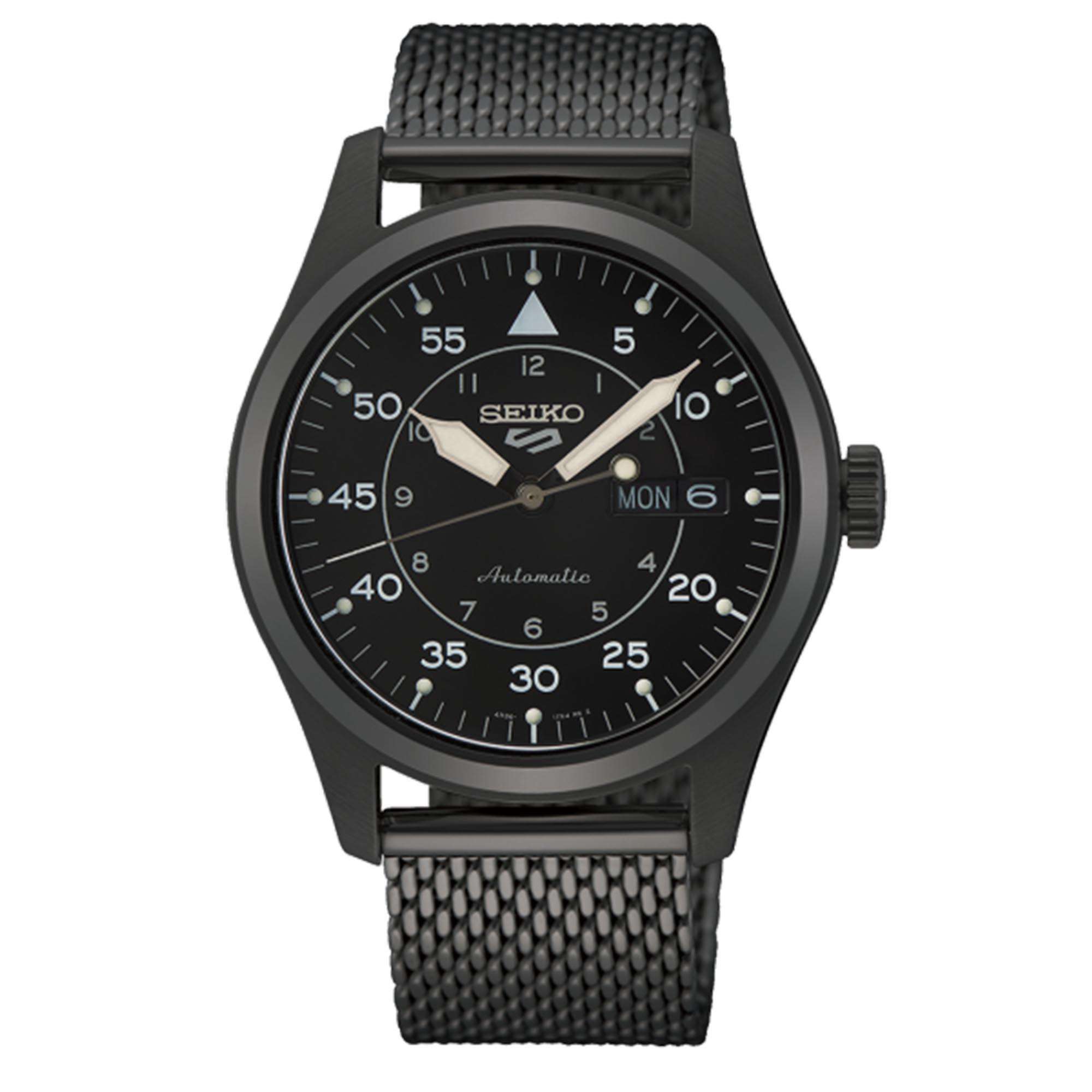 Seiko 5 Automatic Flieger Pilot/Aviation Black Dial Black PVD Milanese Bracelet Men's Watch SRPH25K1