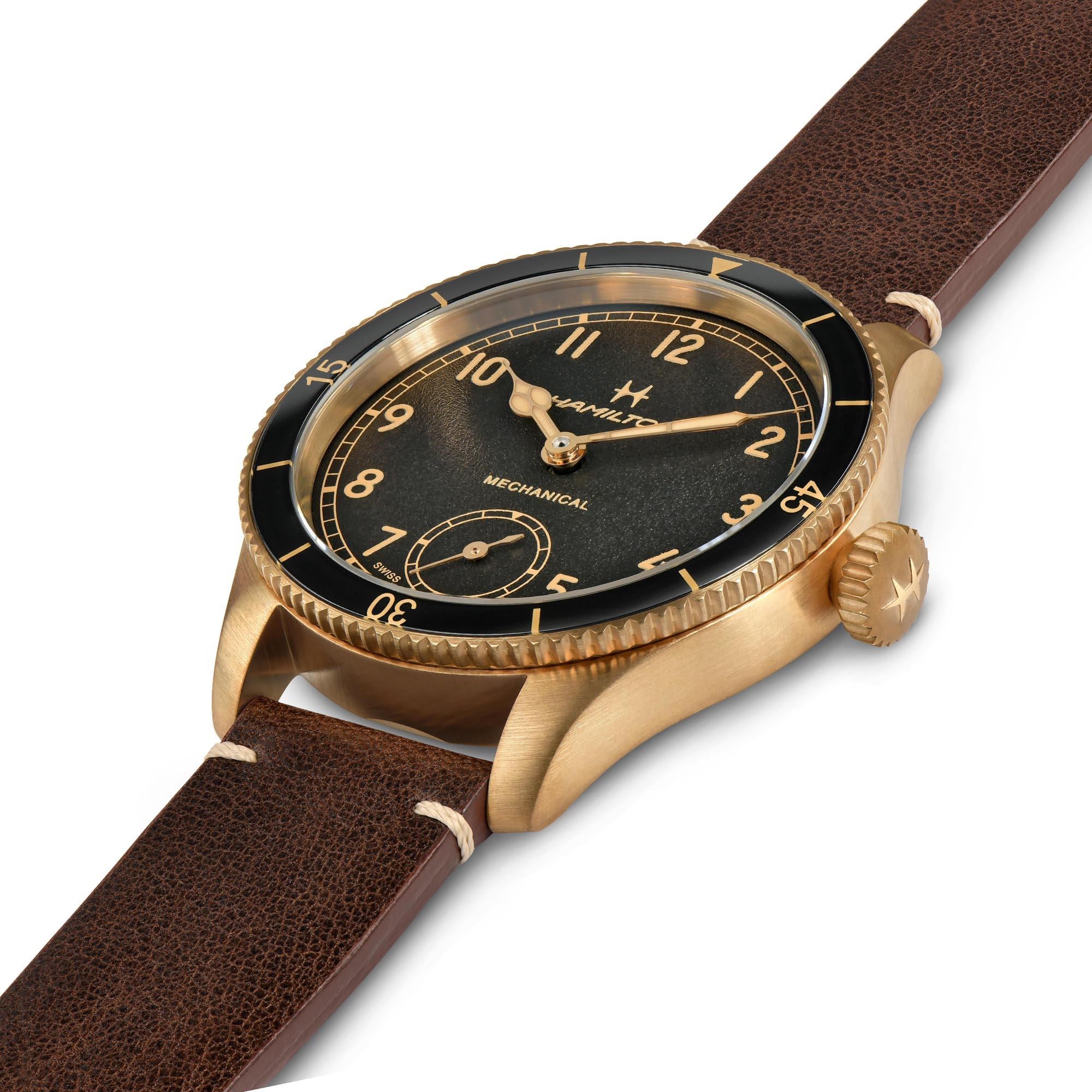 Hamilton Khaki Aviation Pilot Pioneer Bronze Automatic Black Dial Brown Leather Strap Men’s Watch H76709530