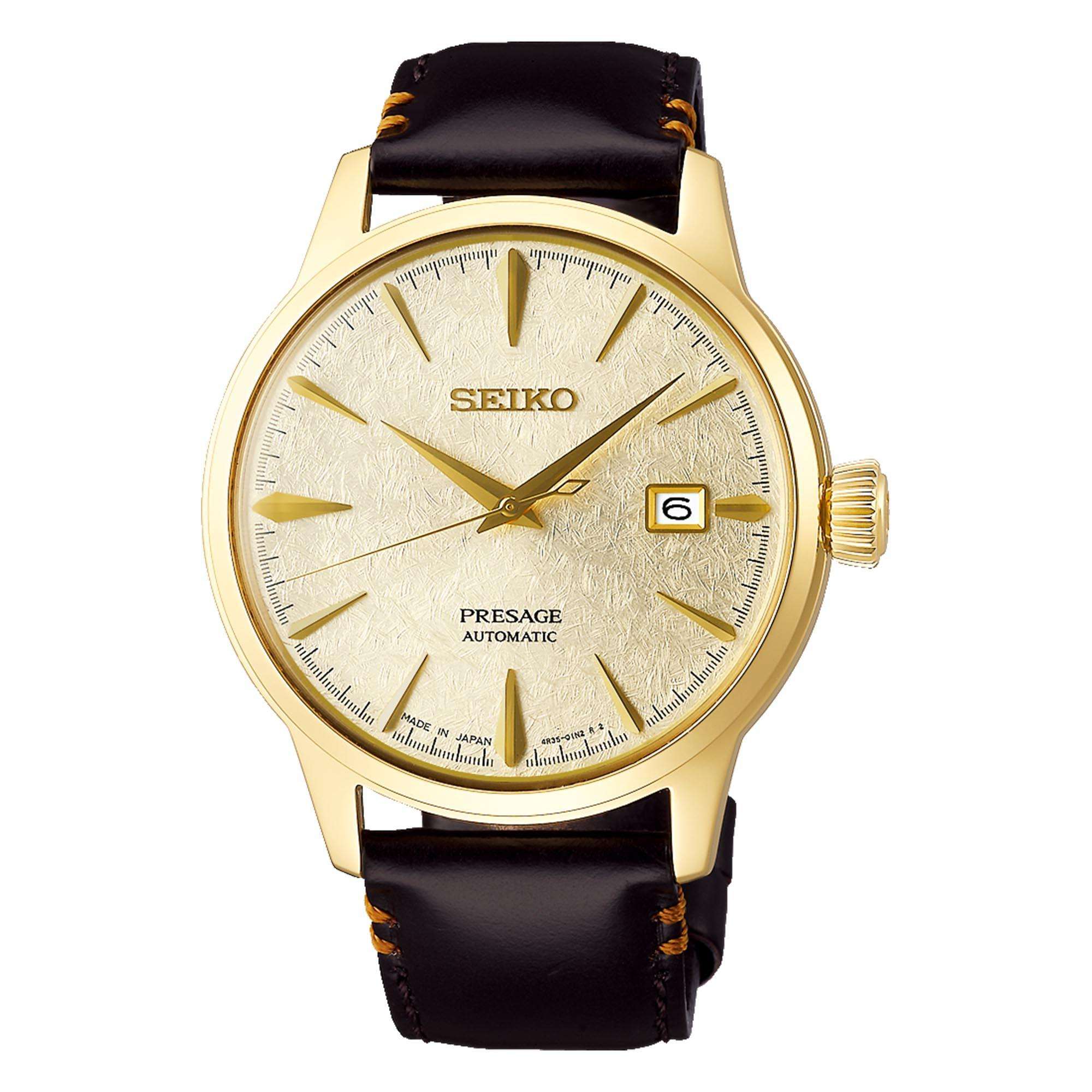 Seiko Presage Cocktail 40mm Gold Dial Leather Strap Watch SRPH78J1