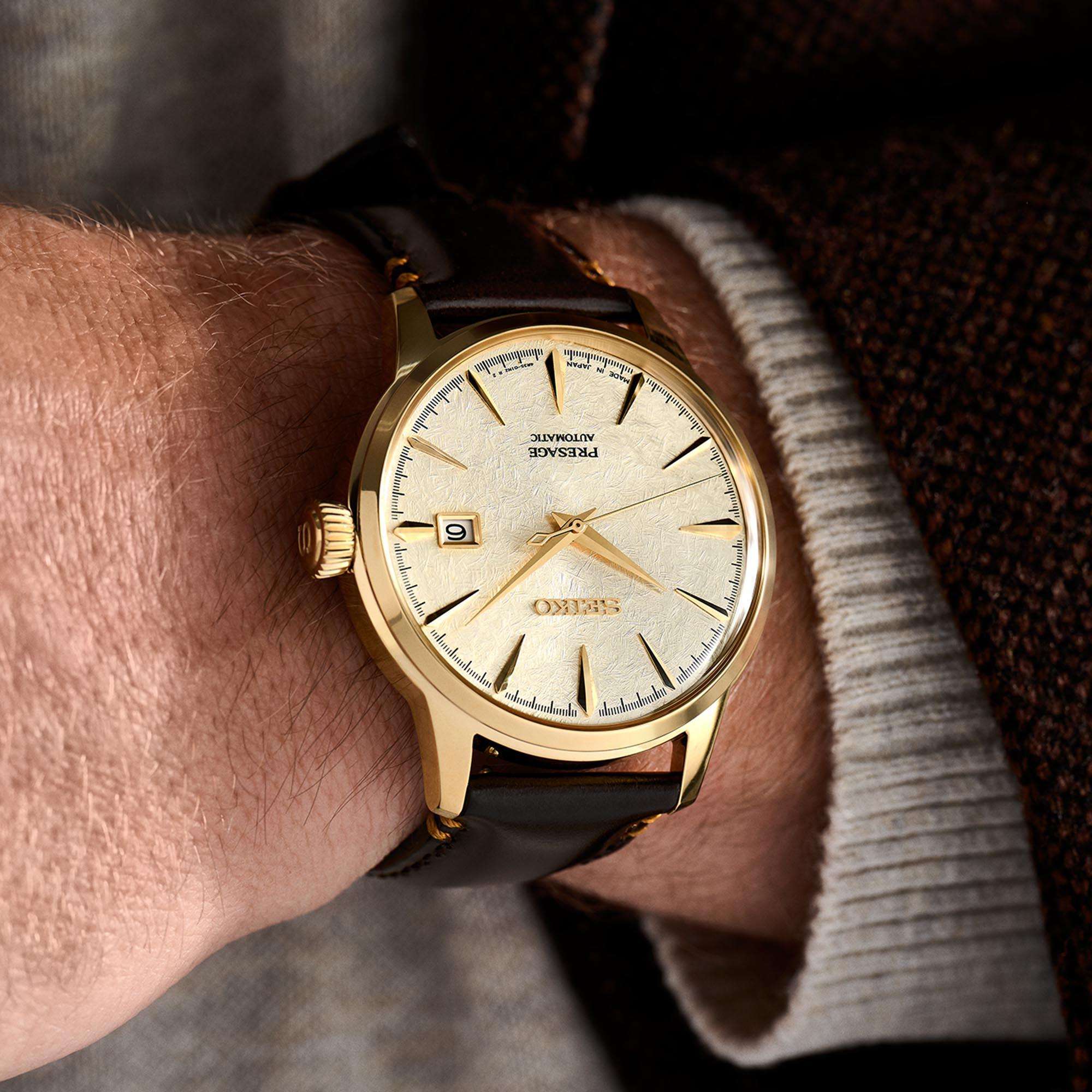 Seiko Presage Cocktail 40mm Gold Dial Leather Strap Watch SRPH78J1