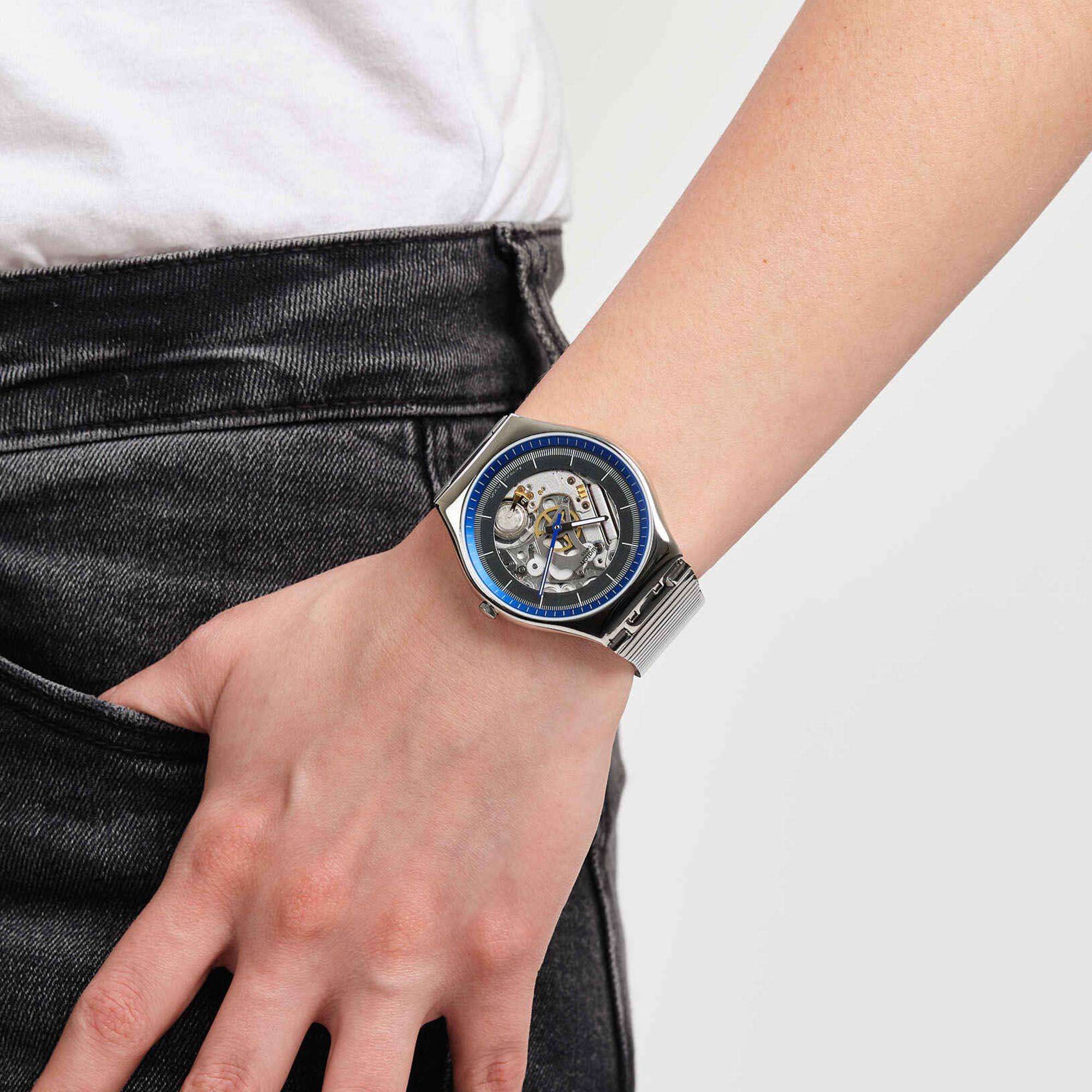 Swatch Ringing In Blue Quartz Grey Dial Stainless Steel Bracelet Men's Watch SS07S116GG