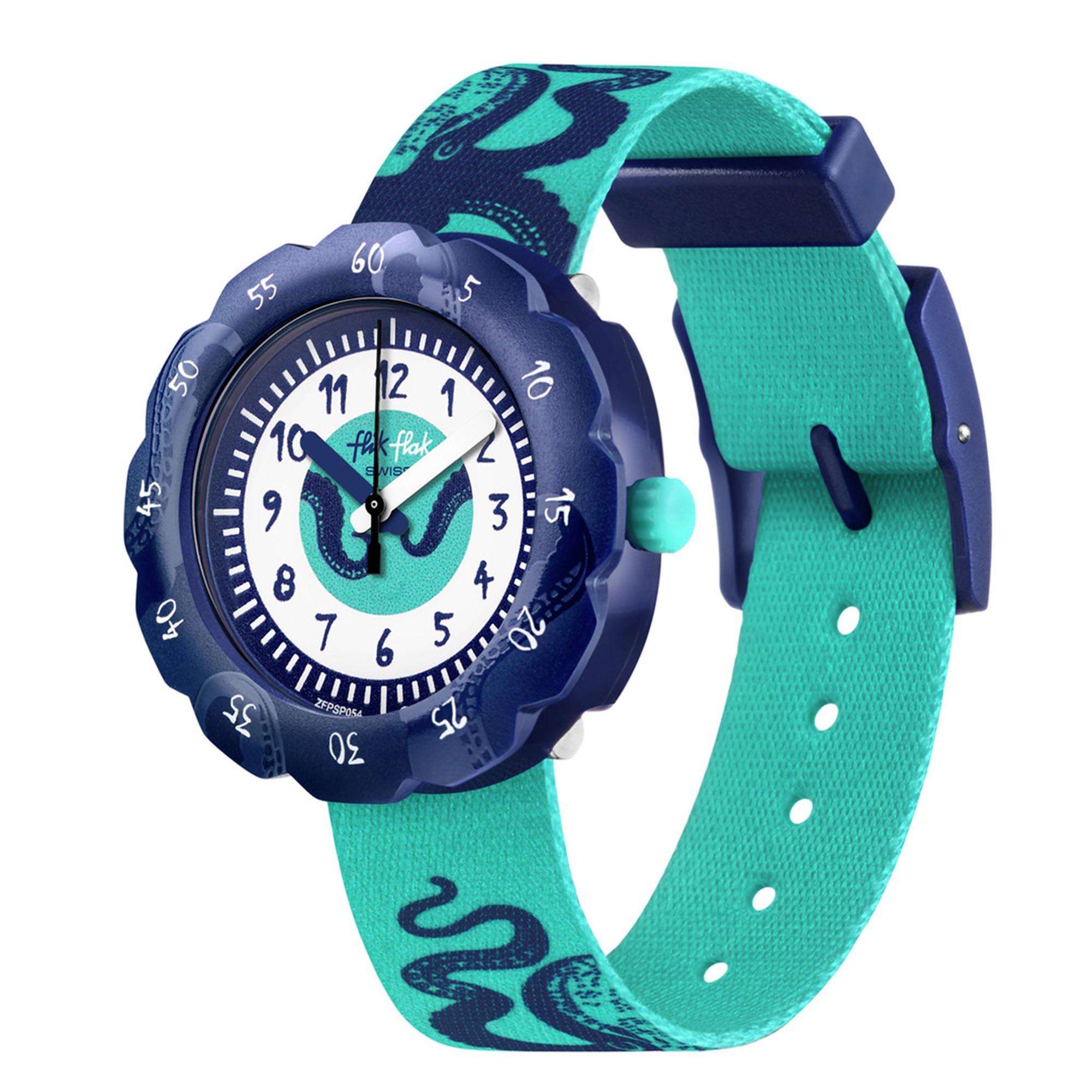 Flik Flak Rocktopus Quartz White Dial Green PET Recycled Strap Kids Watch FPSP054