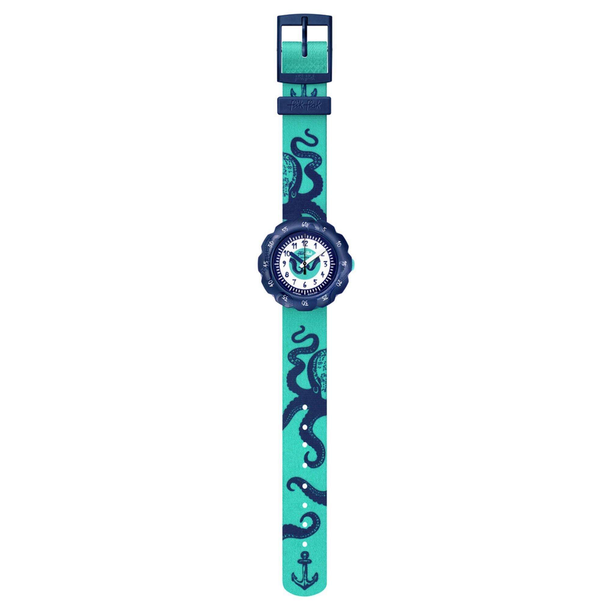 Flik Flak Rocktopus Quartz White Dial Green PET Recycled Strap Kids Watch FPSP054