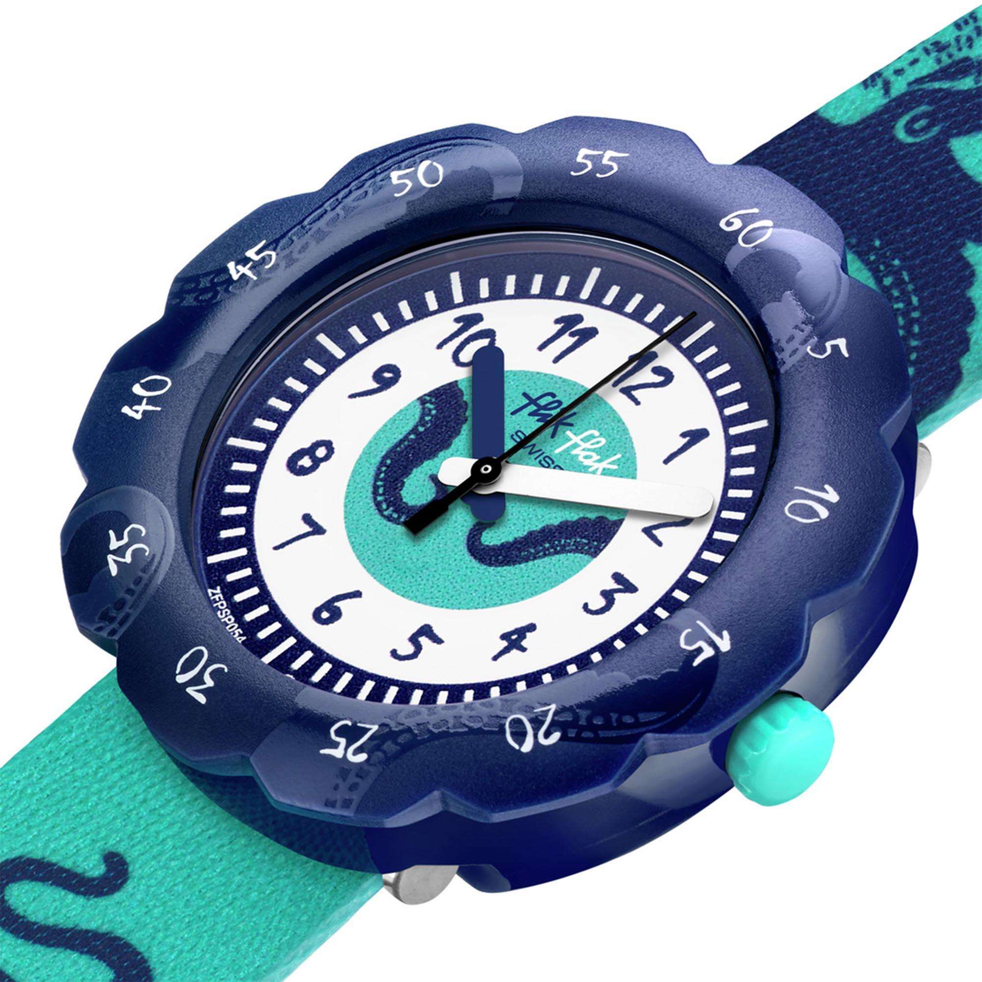 Flik Flak Rocktopus Quartz White Dial Green PET Recycled Strap Kids Watch FPSP054