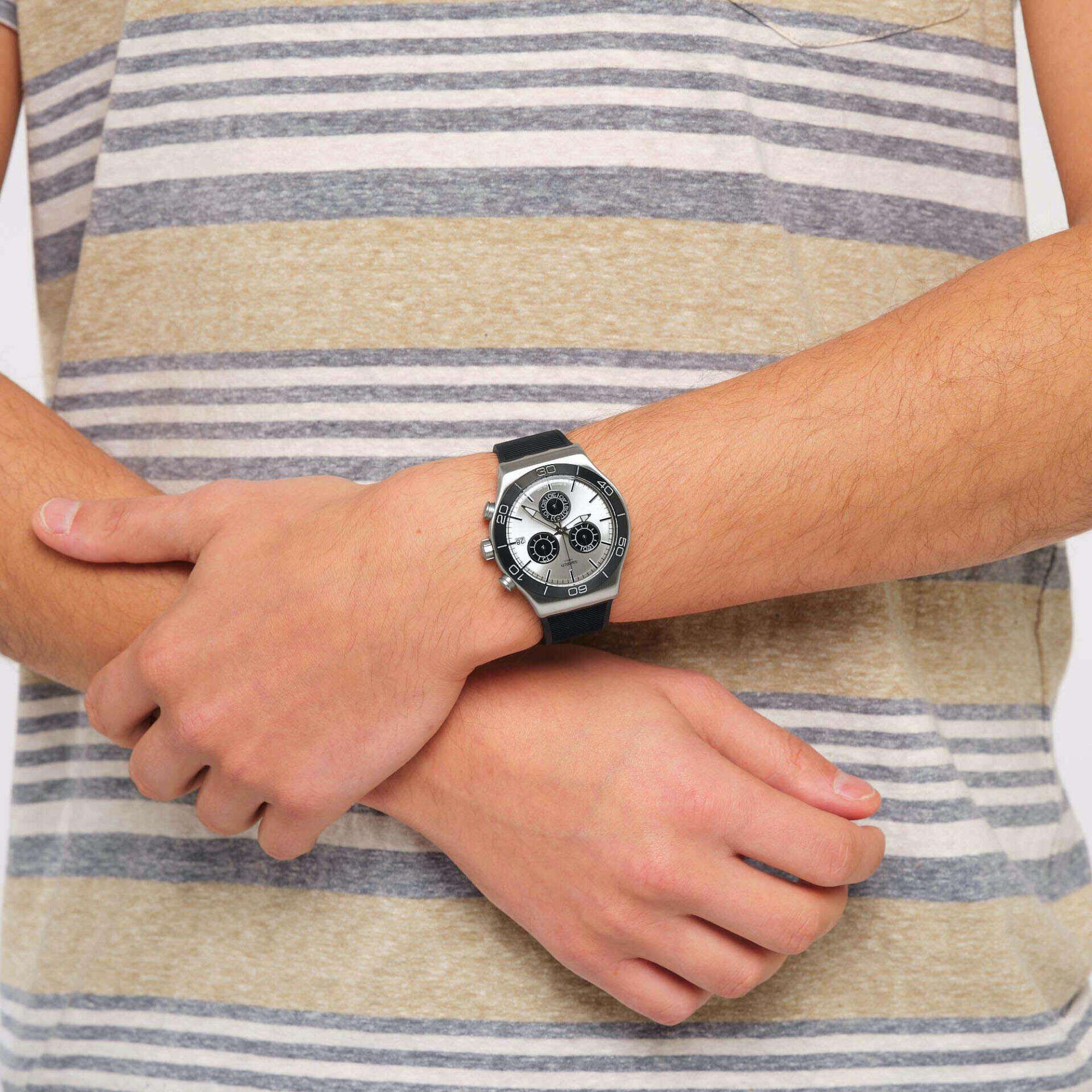 Swatch New Irony Chrono Great Outdoors Quartz Silver Dial Black Silicone Strap Men's Watch YVS486