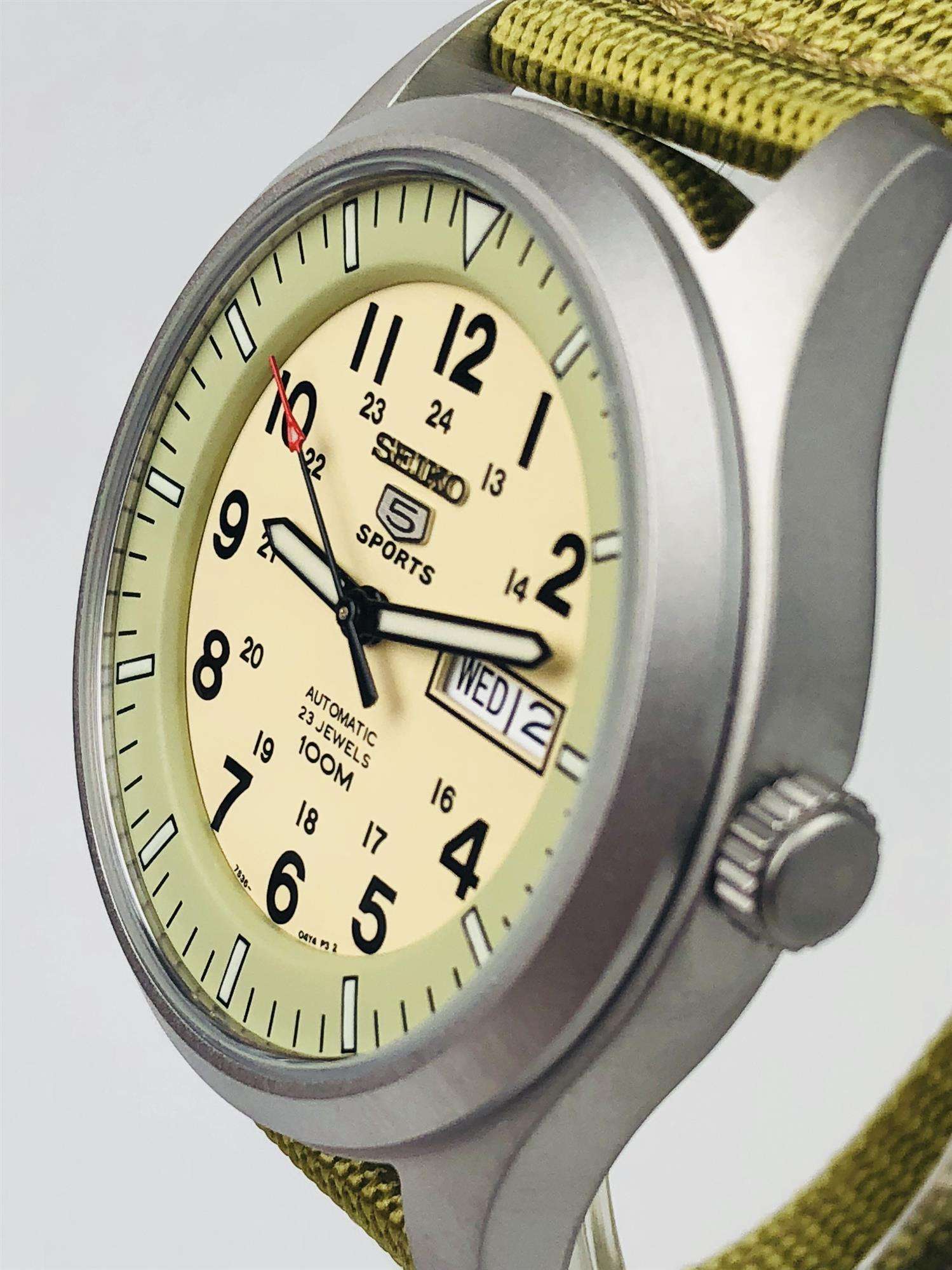 Seiko 5 Sports Automatic Military Cream Dial Canvas Men's Watch SNZG07K1