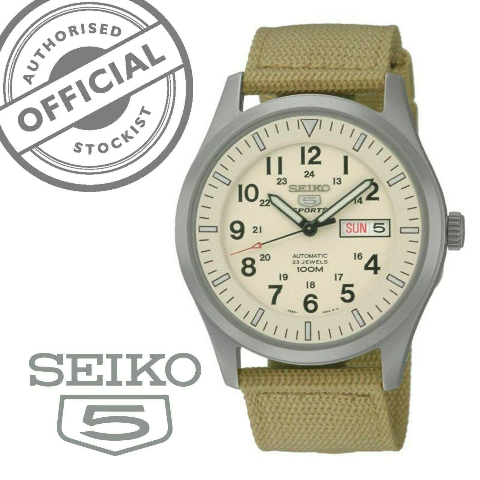 Seiko 5 Sports Automatic Military Cream Dial Canvas Men's Watch SNZG07K1