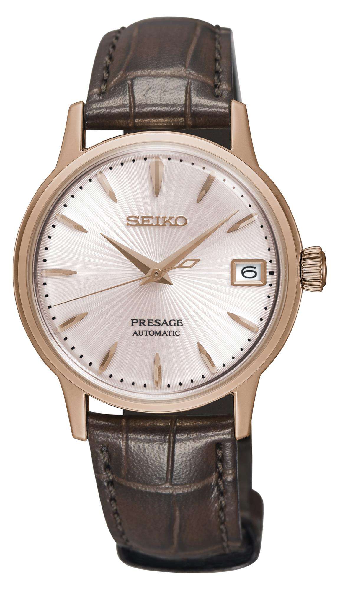 Seiko Presage Cocktail Automatic Rose Gold Silver Dial Brown Leather Strap Ladies Watch SRP852J1