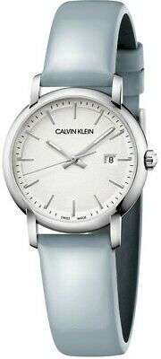 Calvin Klein Established Silver Dial Blue Leather Strap Ladies Watch K9H231V6 32mm