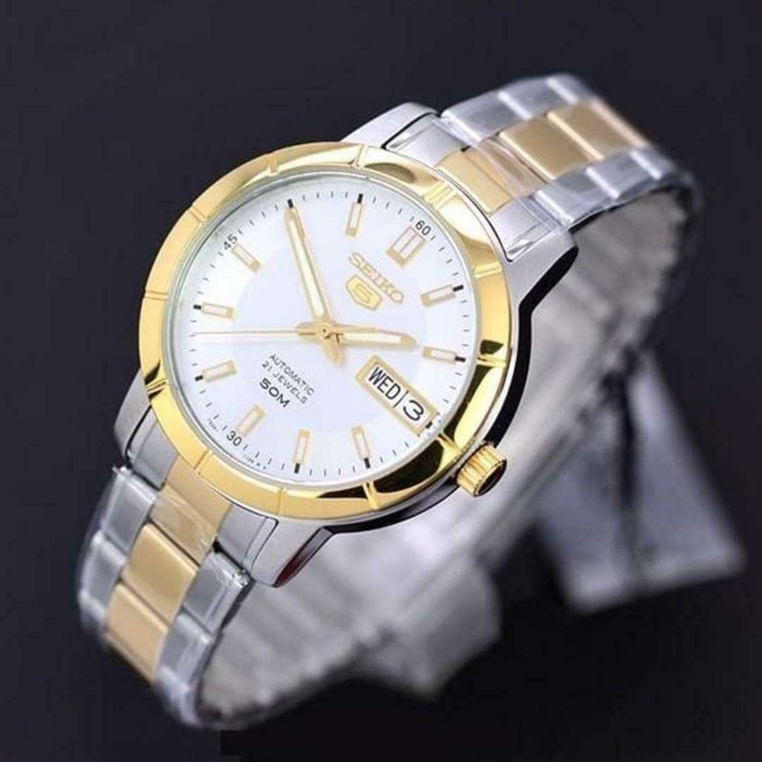 Seiko 5 Automatic White Dial Two Tone Silver Gold Stainless Steel Ladies Watch SNK892K1