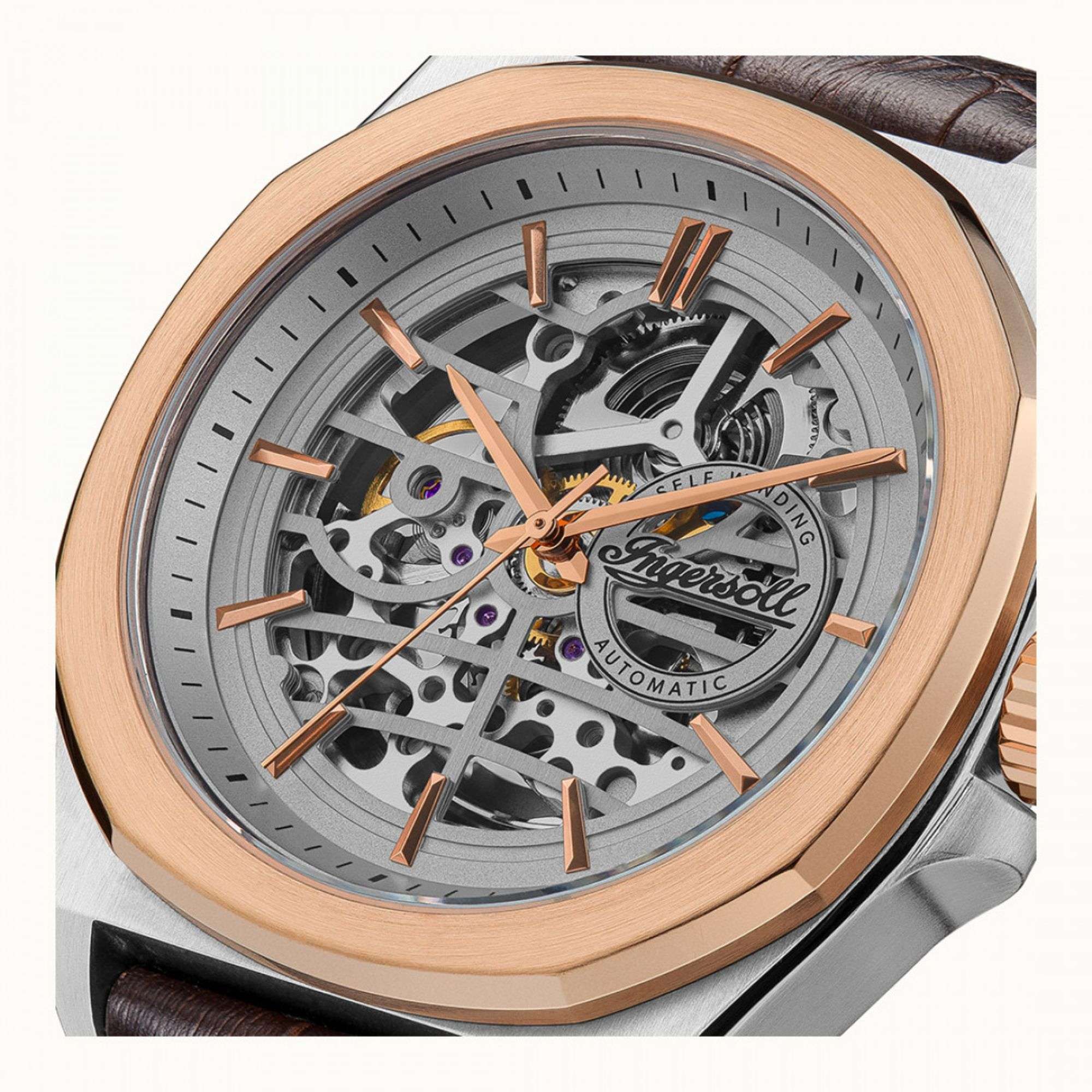 Ingersoll The Orville Automatic Silver Skeleton Dial Brown Leather Strap Men's Watch I09301B