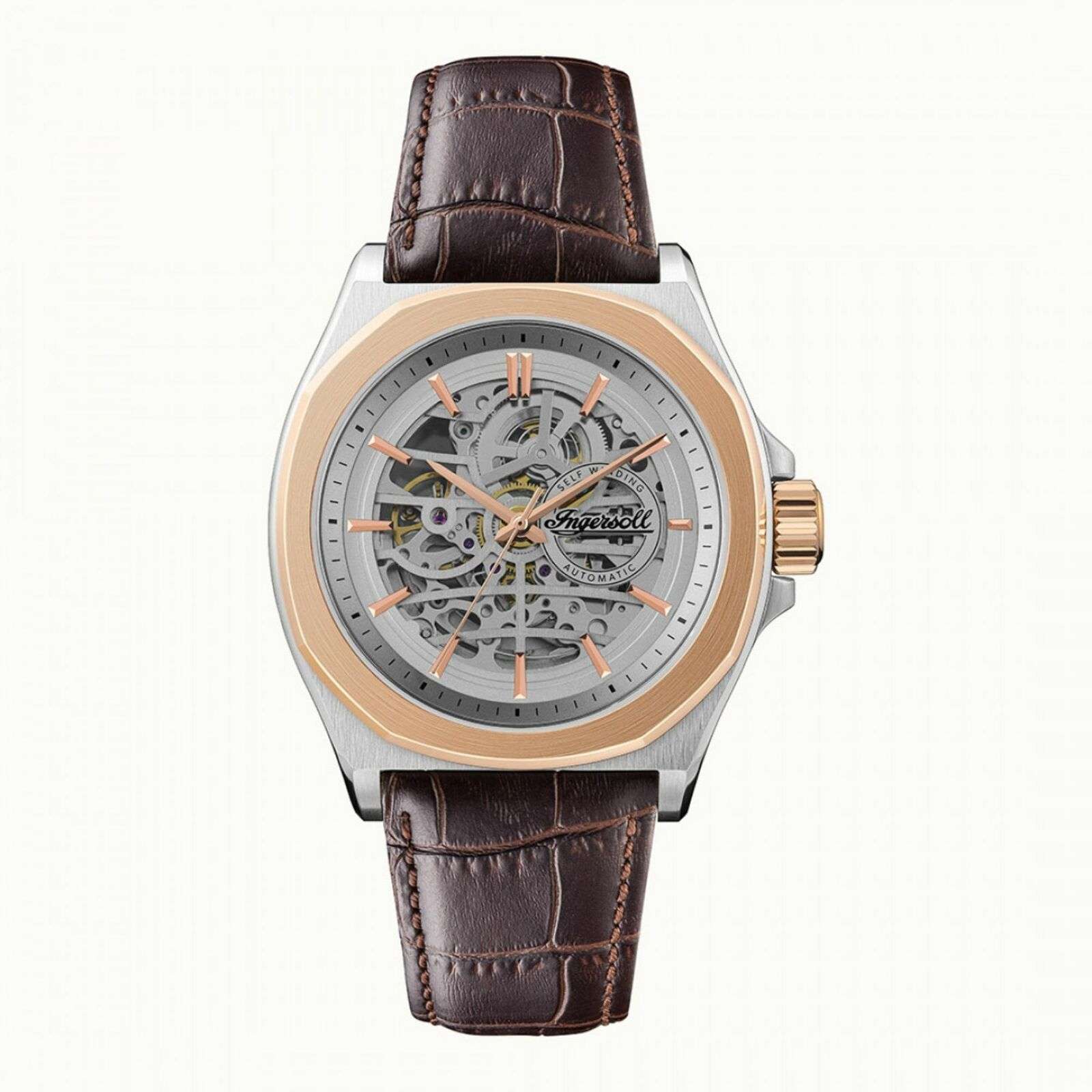 Ingersoll The Orville Automatic Silver Skeleton Dial Brown Leather Strap Men's Watch I09301B