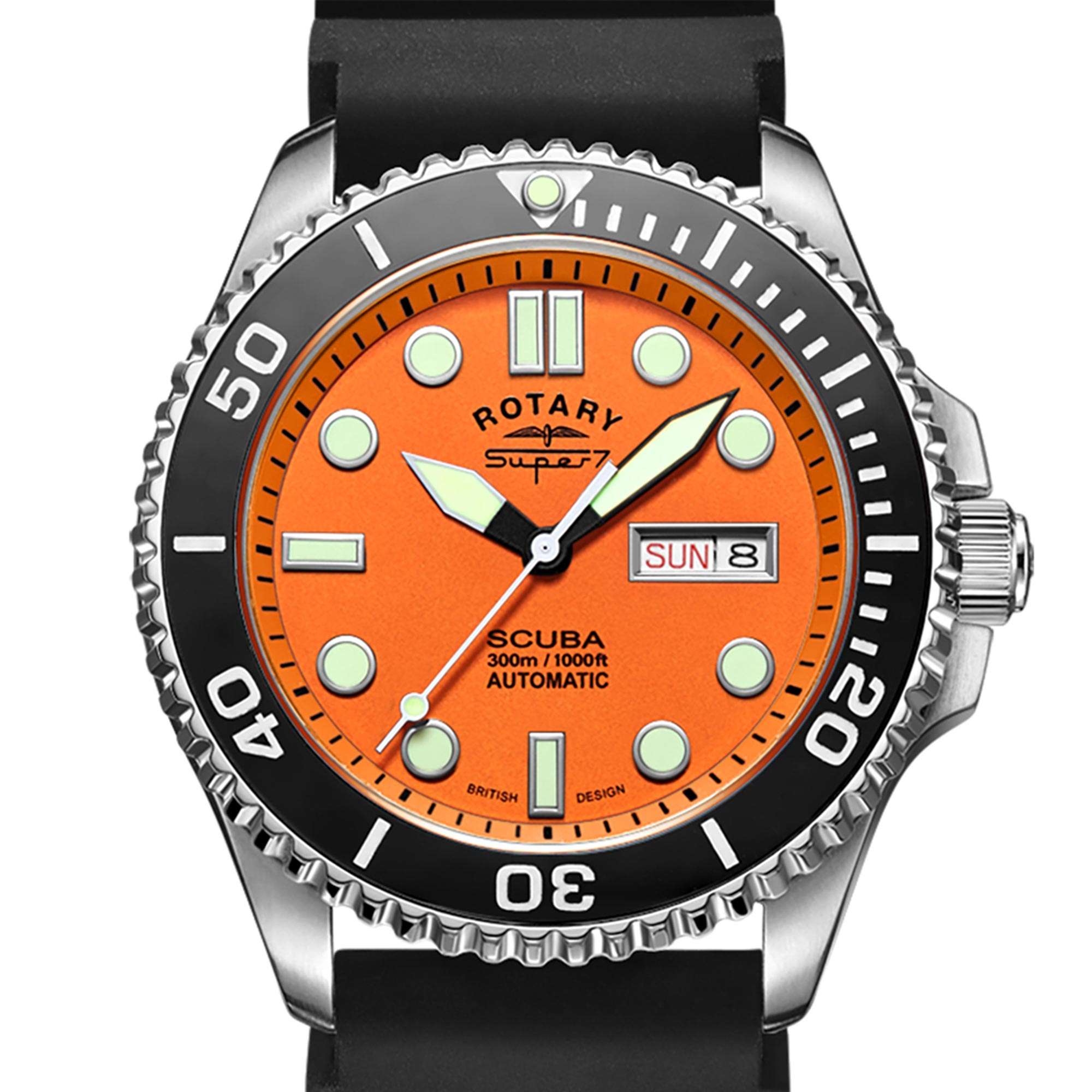Rotary Super 7 SCUBA Automatic Orange Dial Ceramic Bezel Silicone Strap Men's Dive Watch S7S002S