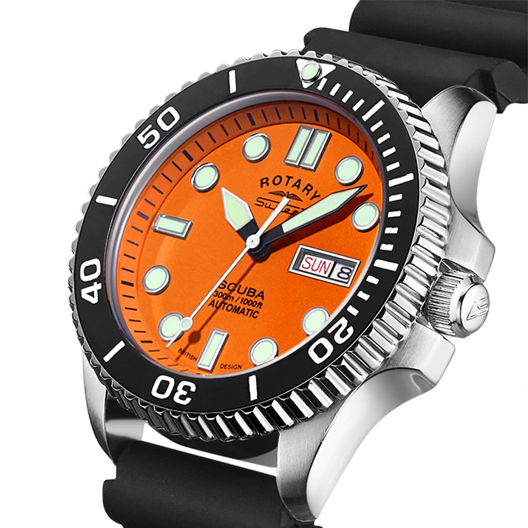 Rotary Super 7 SCUBA Automatic Orange Dial Ceramic Bezel Silicone Strap Men's Dive Watch S7S002S