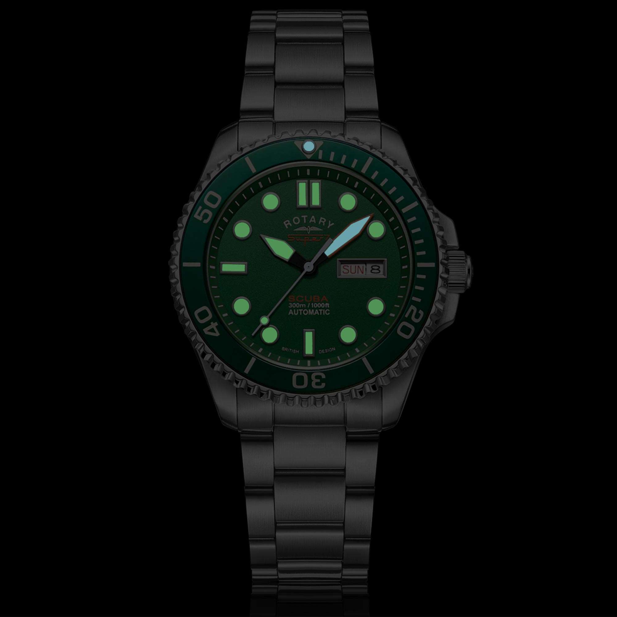 Rotary Super 7 SCUBA 'Hulk' Automatic Green Dial Silver Stainless Steel Bracelet Men's Dive Watch S7S003B