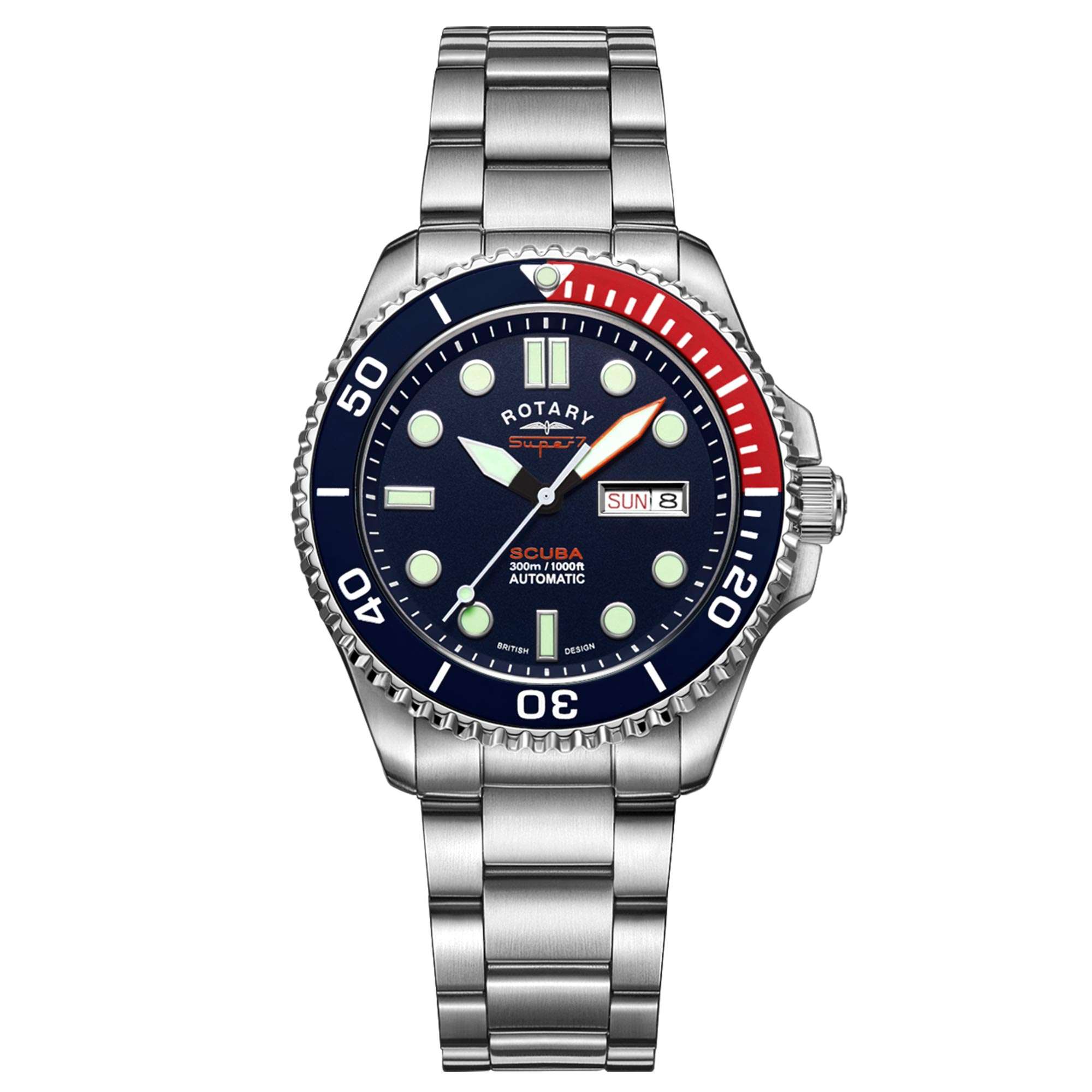 Rotary Super 7 SCUBA 'Pepsi' Automatic Navy Blue Dial Silver Stainless Steel Bracelet Men's Dive Watch S7S004B