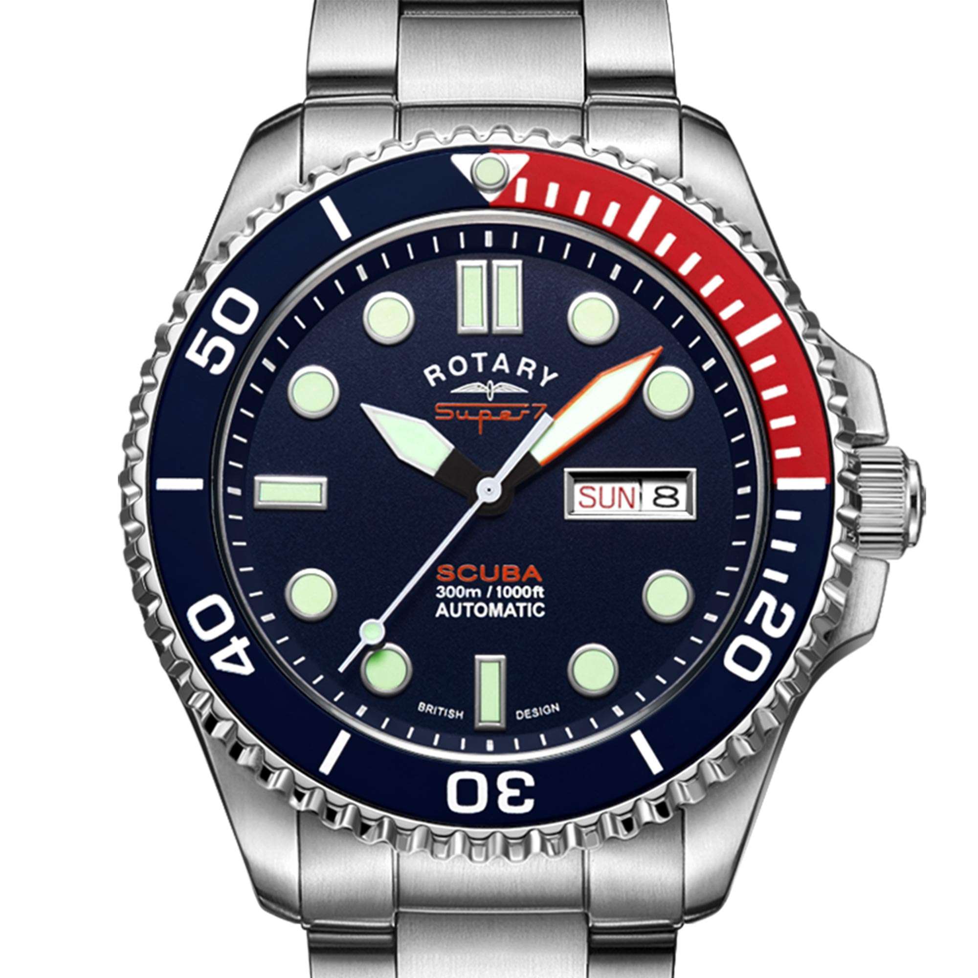 Rotary Super 7 SCUBA 'Pepsi' Automatic Navy Blue Dial Silver Stainless Steel Bracelet Men's Dive Watch S7S004B