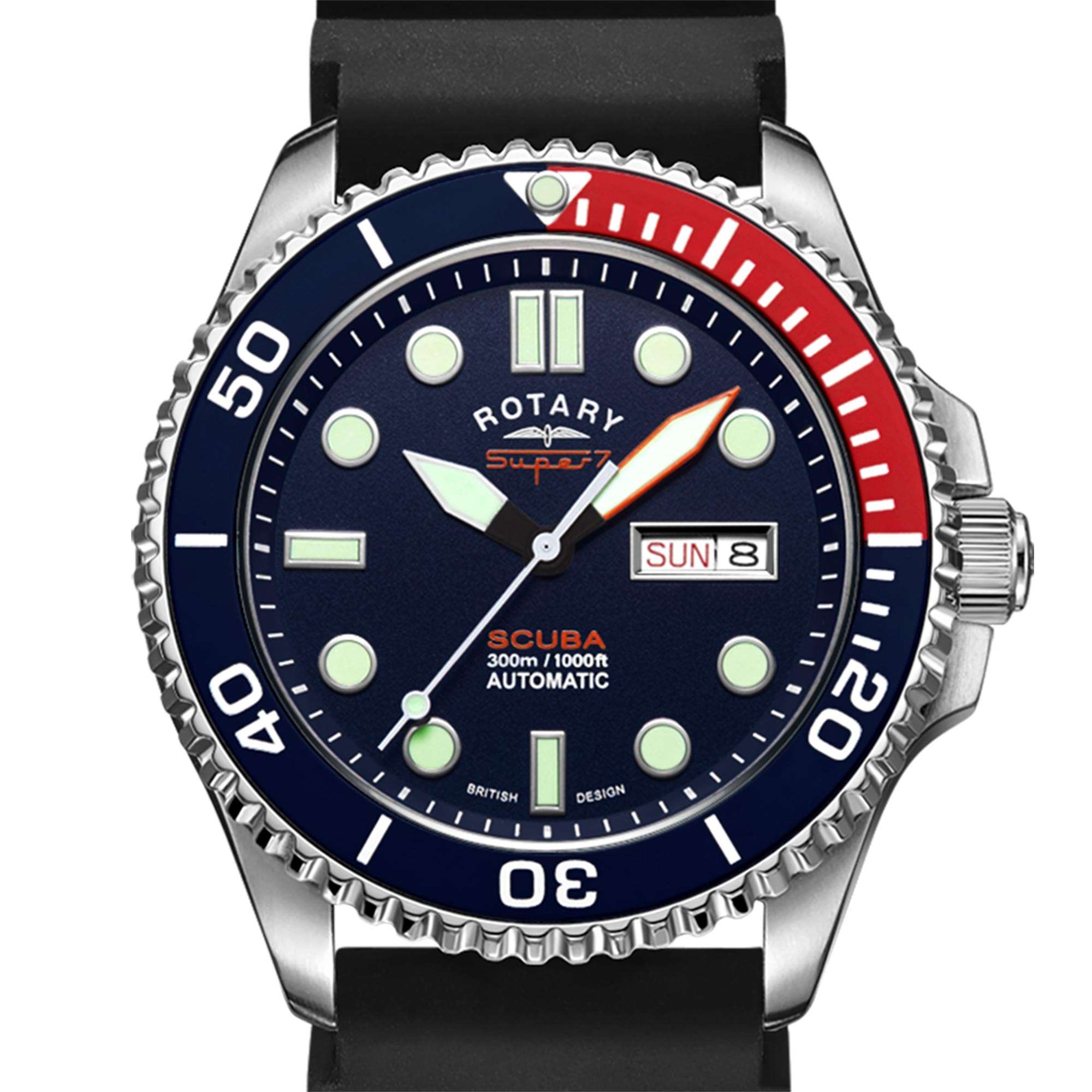 Rotary Super 7 SCUBA Pepsi Automatic Navy Blue Dial Silicone Strap Men's Dive Watch S7S004S
