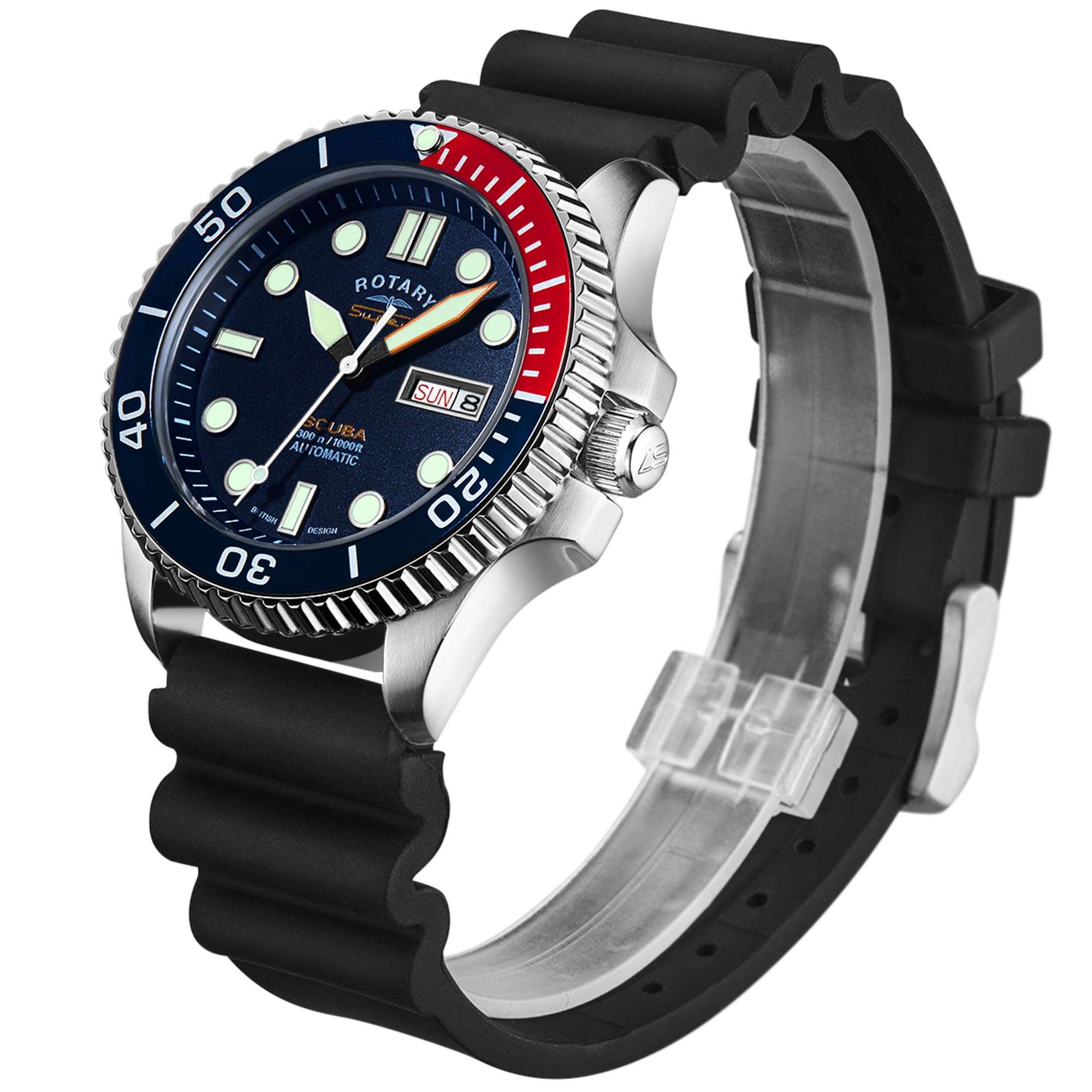 Rotary Super 7 SCUBA Pepsi Automatic Navy Blue Dial Silicone Strap Men's Dive Watch S7S004S