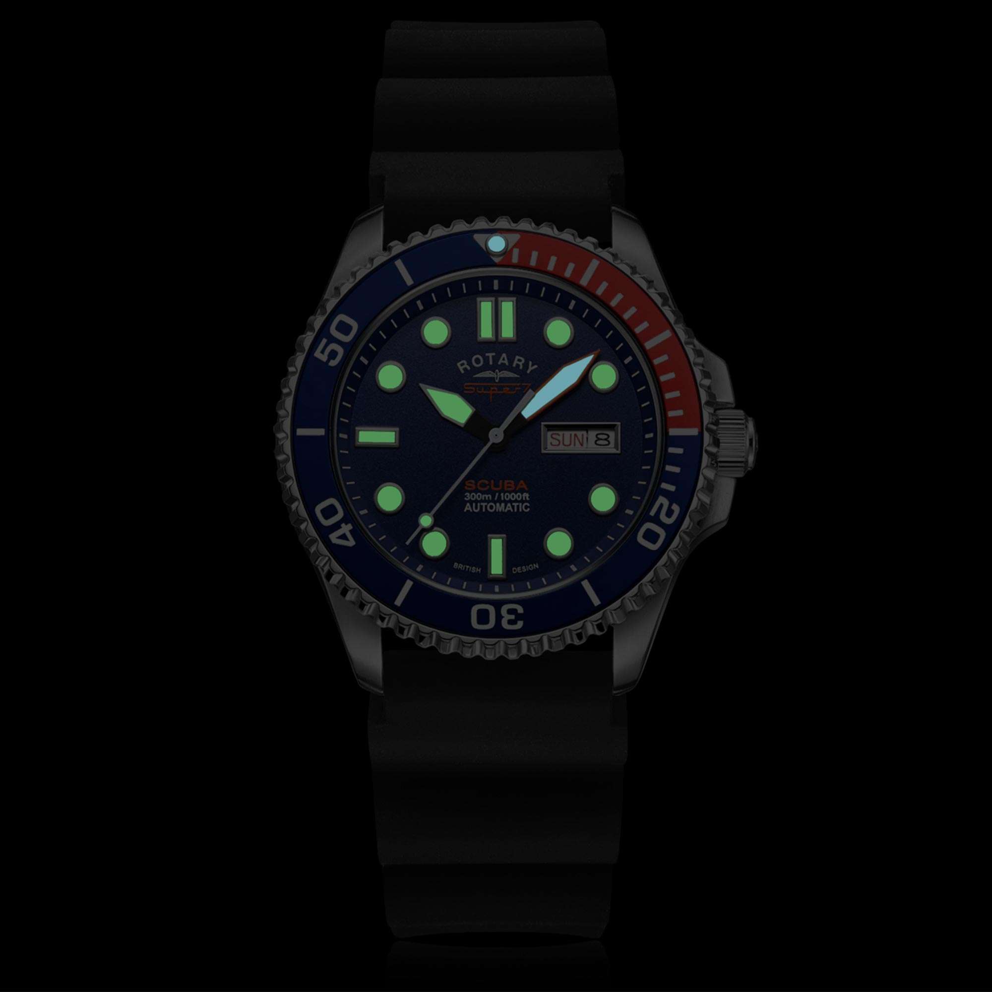 Rotary Super 7 SCUBA Pepsi Automatic Navy Blue Dial Silicone Strap Men's Dive Watch S7S004S