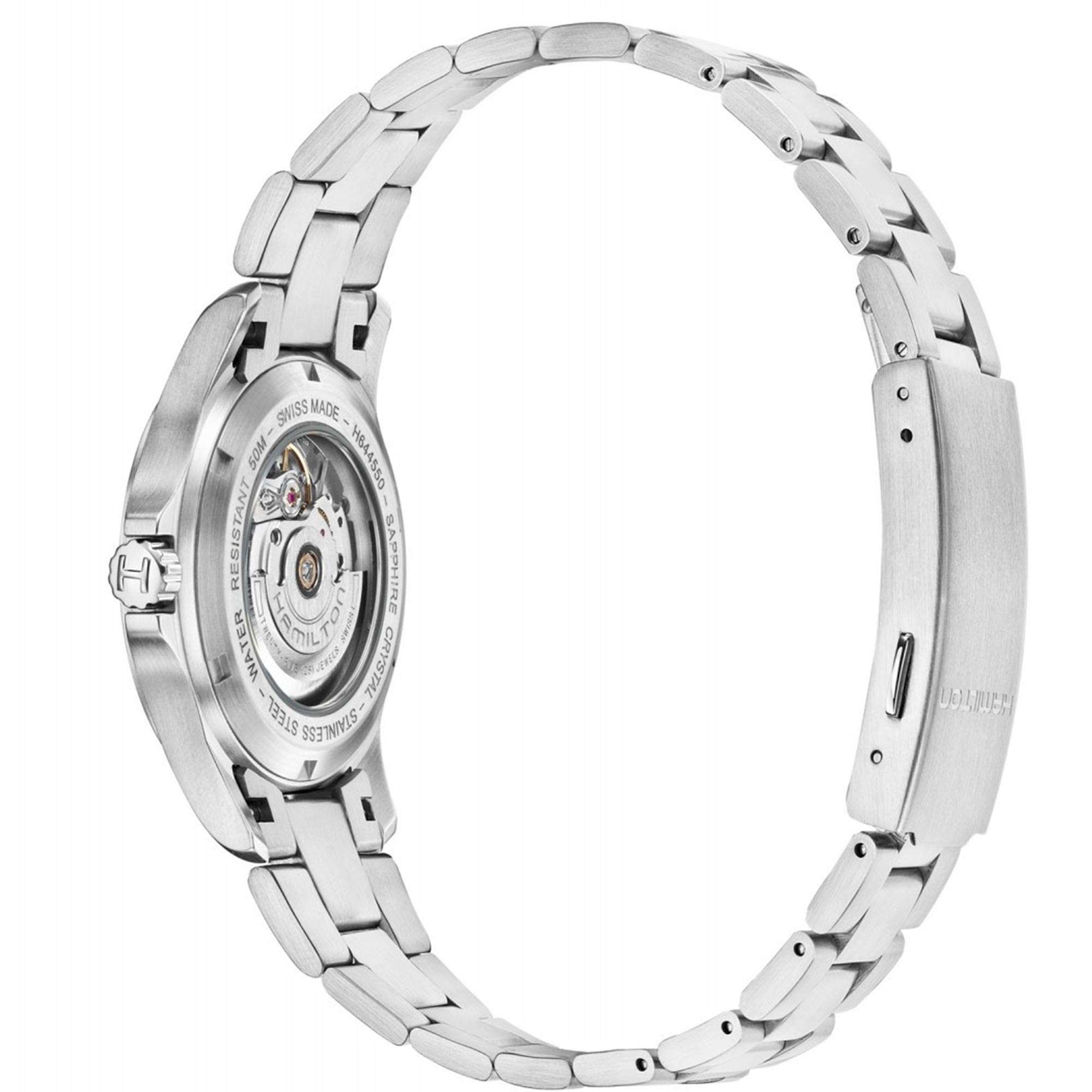 Hamilton Khaki Field H64455133 40mm brushed case and silver steel bracelet detail