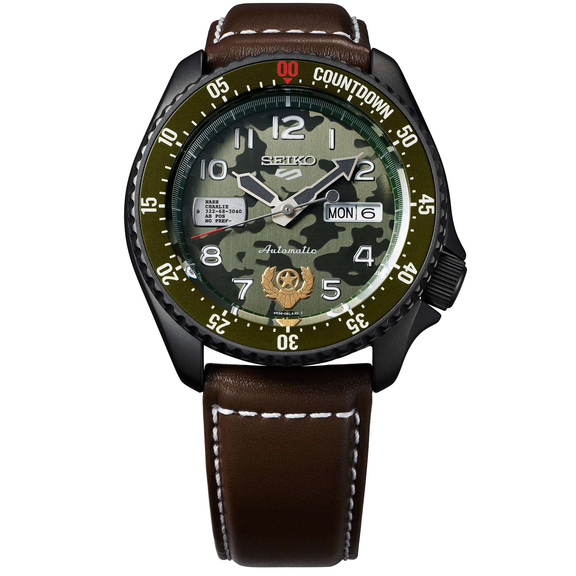 Seiko 5 Sports Street Fighter Guile Camouflage Dial Brown Leather Strap Men's Watch SRPF21K1