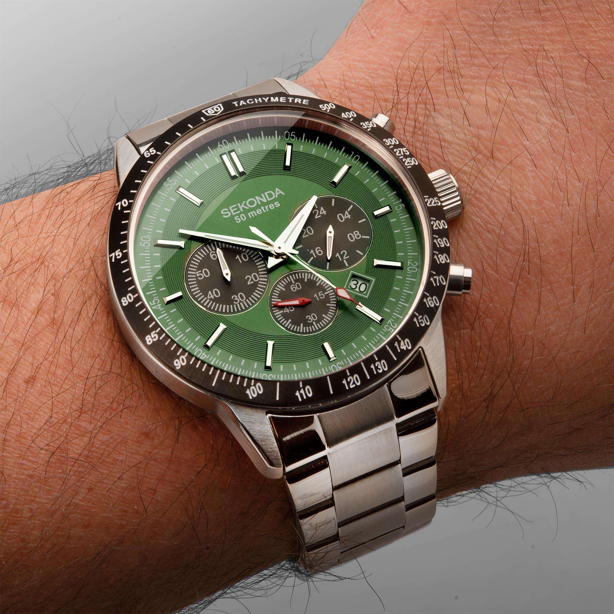Sekonda Chronograph Quartz Green Dial Stainless Steel Bracelet Men's Watch 1913