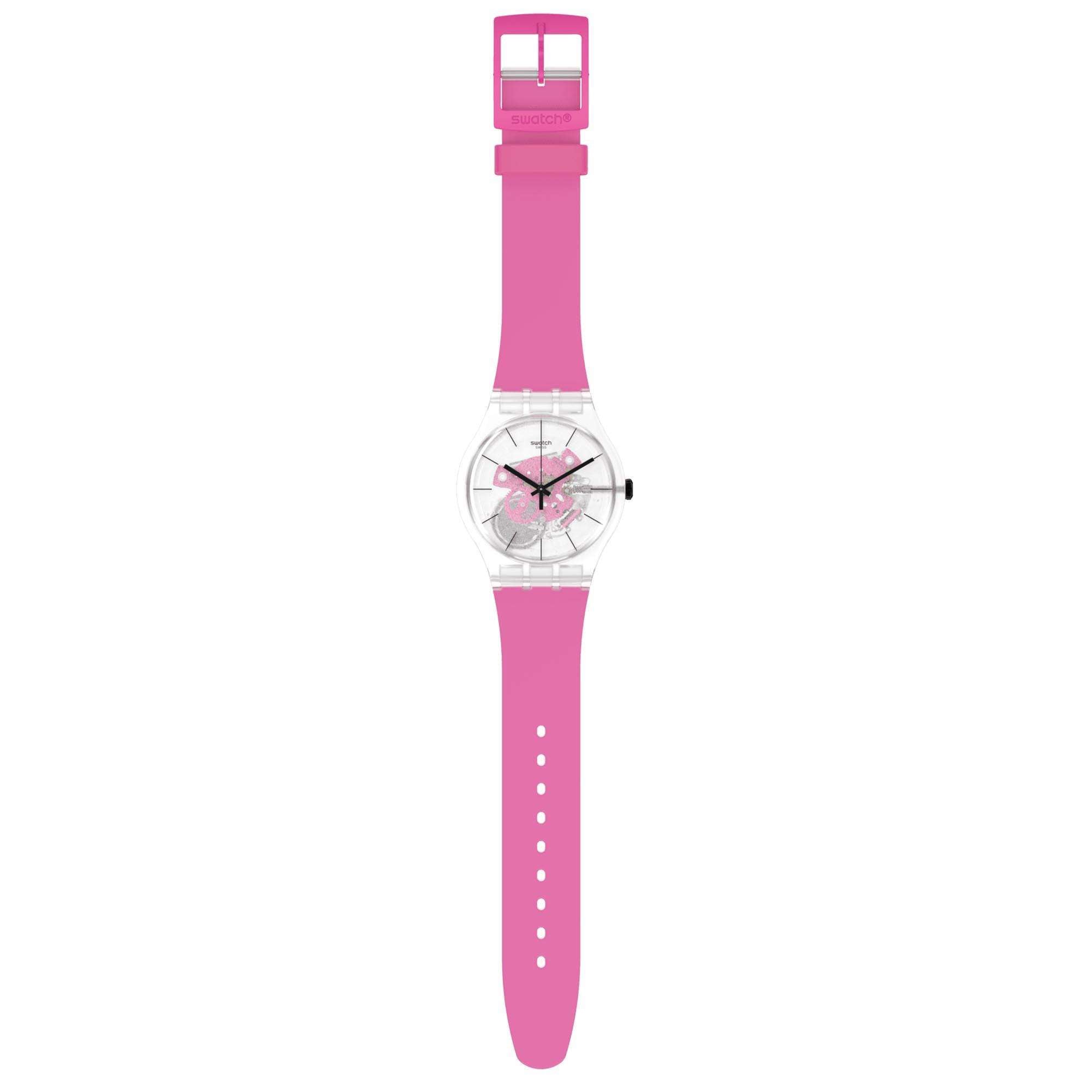 Swatch New Gent Pink Daze Quartz Transparnet Dial Pink Strap Ladies Watch SO29K107