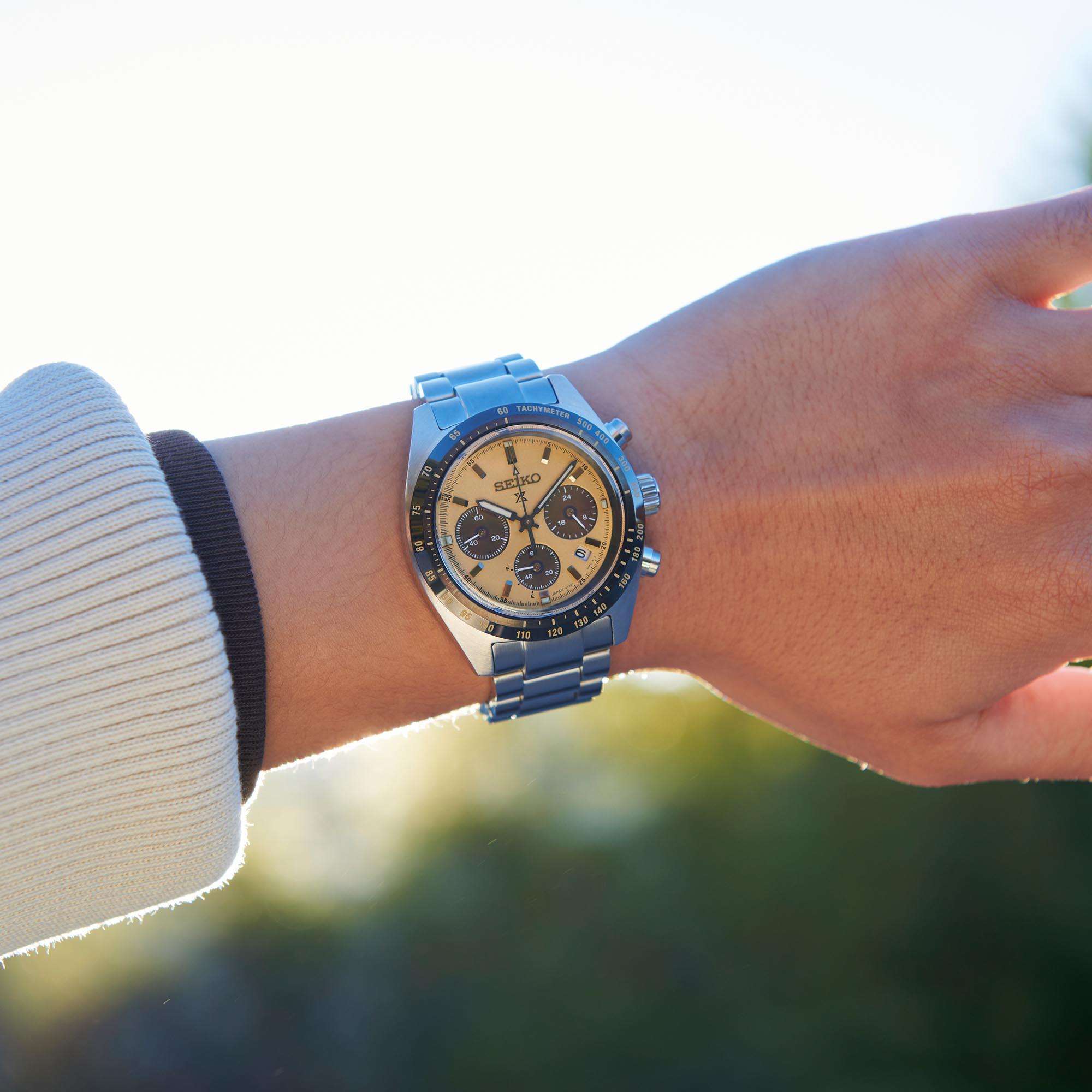 Seiko Prospex Speedtimer Chronograph Solar Gold Dial Steel Bracelet Men's Watch SSC817P1