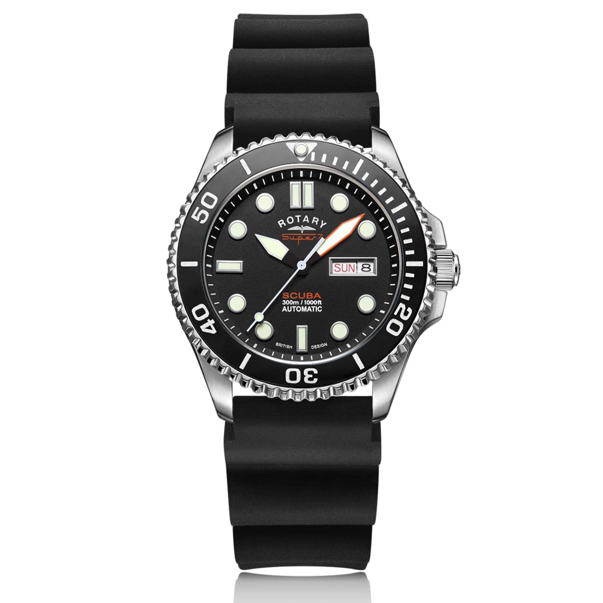 Rotary Super 7 SCUBA Automatic Black Dial Ceramic Bezel Silicone Strap Men's Dive Watch S7S001S