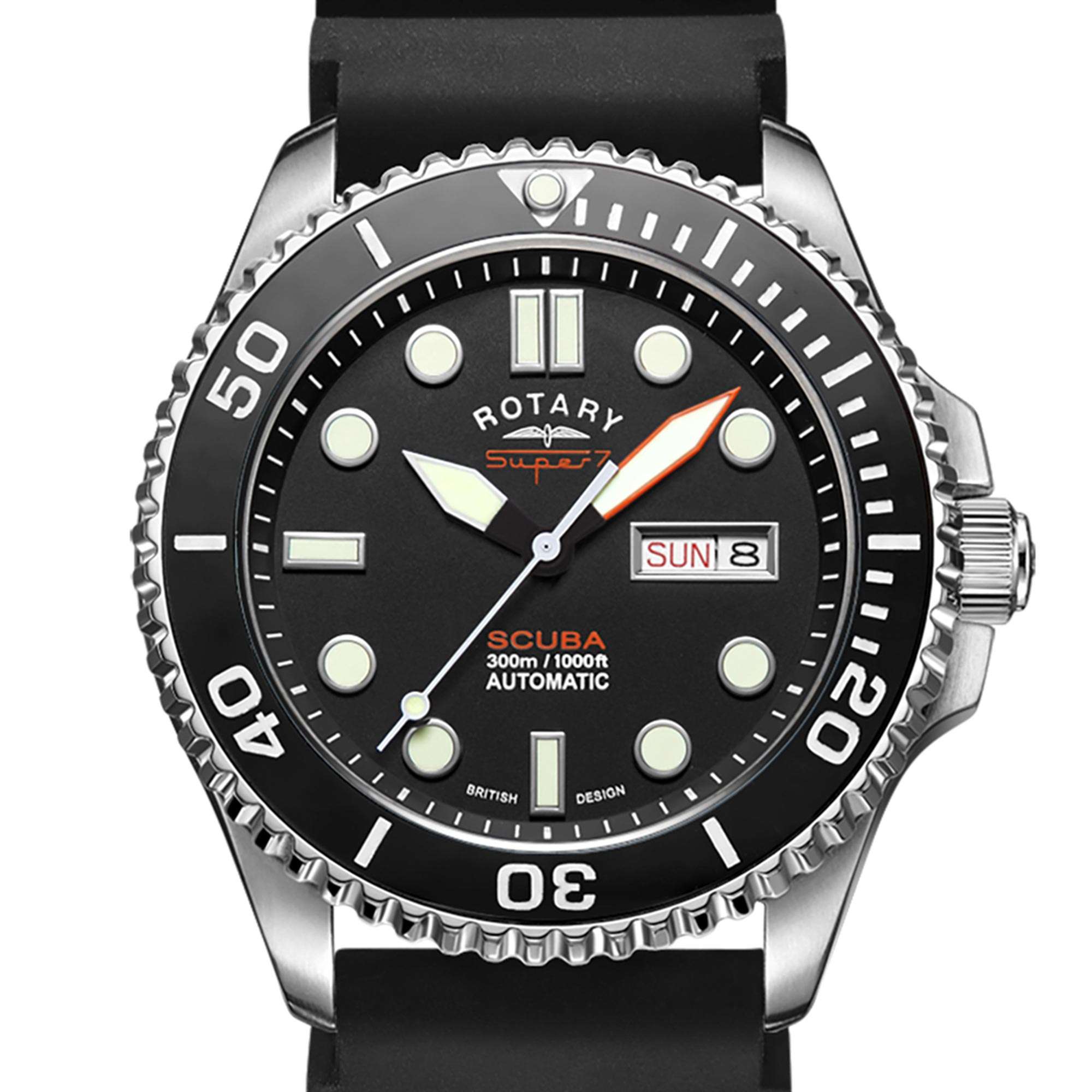 Rotary Super 7 SCUBA Automatic Black Dial Ceramic Bezel Silicone Strap Men's Dive Watch S7S001S