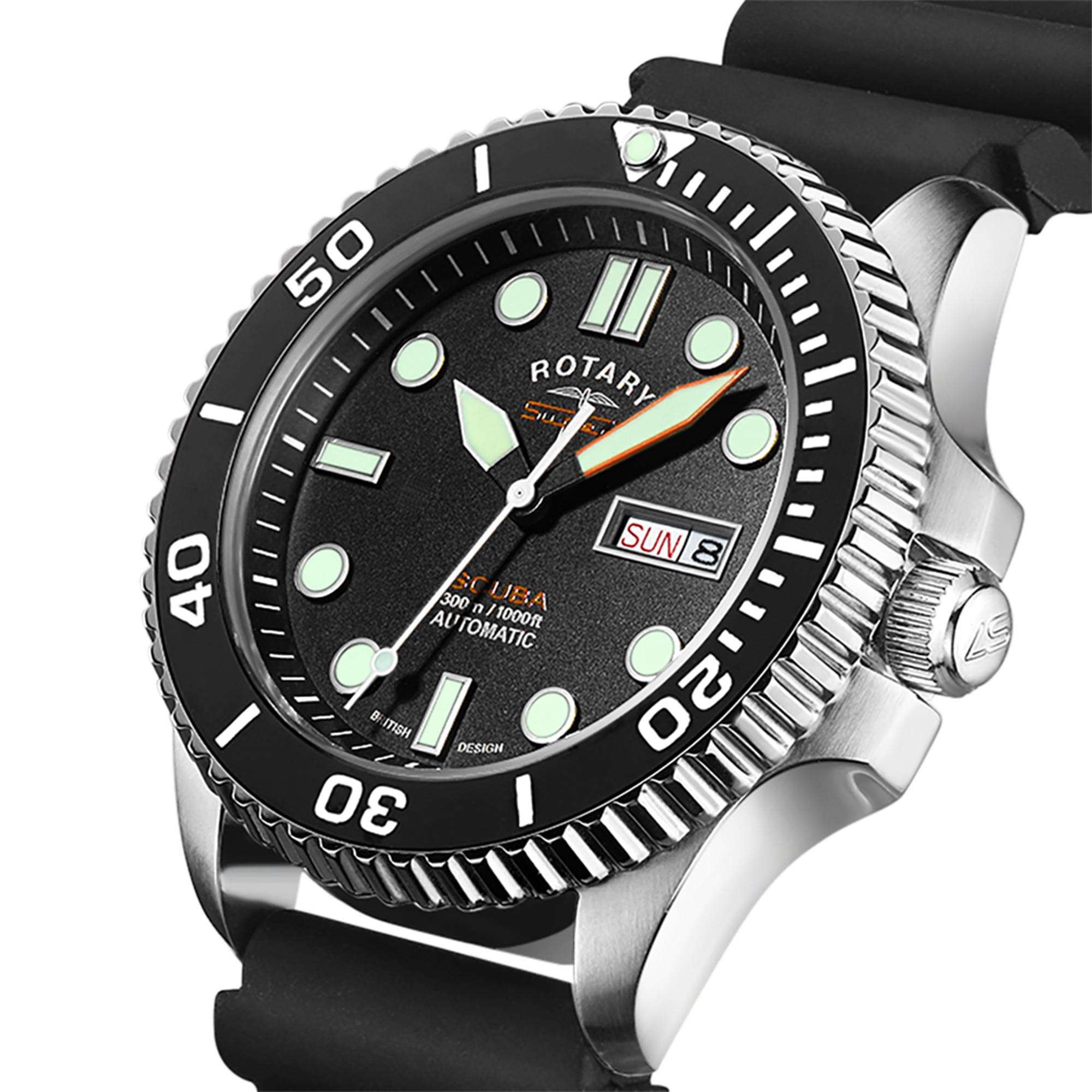 Rotary Super 7 SCUBA Automatic Black Dial Ceramic Bezel Silicone Strap Men's Dive Watch S7S001S