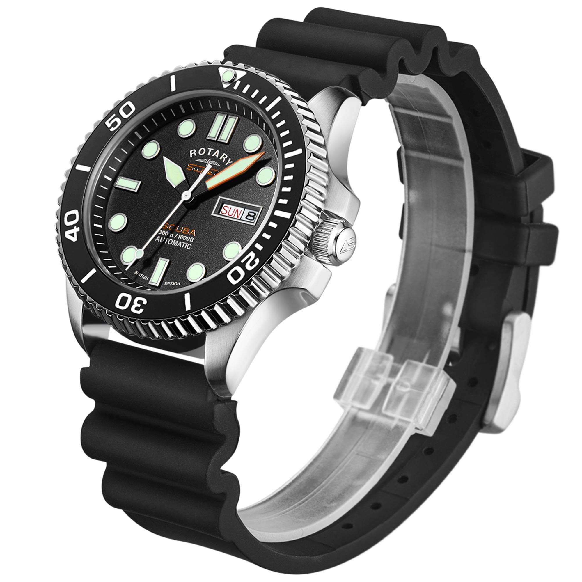 Rotary Super 7 SCUBA Automatic Black Dial Ceramic Bezel Silicone Strap Men's Dive Watch S7S001S