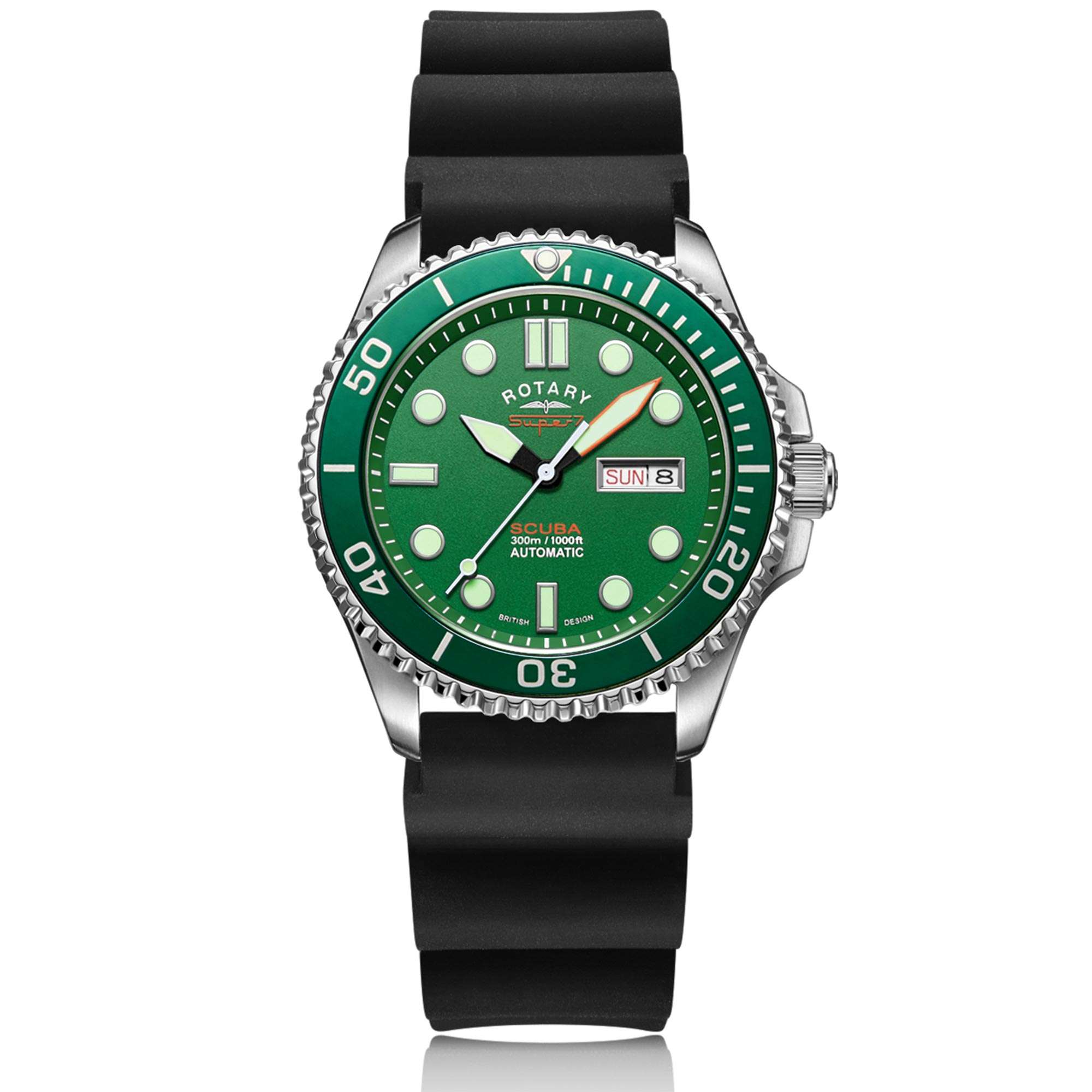 Rotary Super 7 SCUBA Hulk Automatic Green Dial Silicone Strap Men's Dive Watch S7S003S