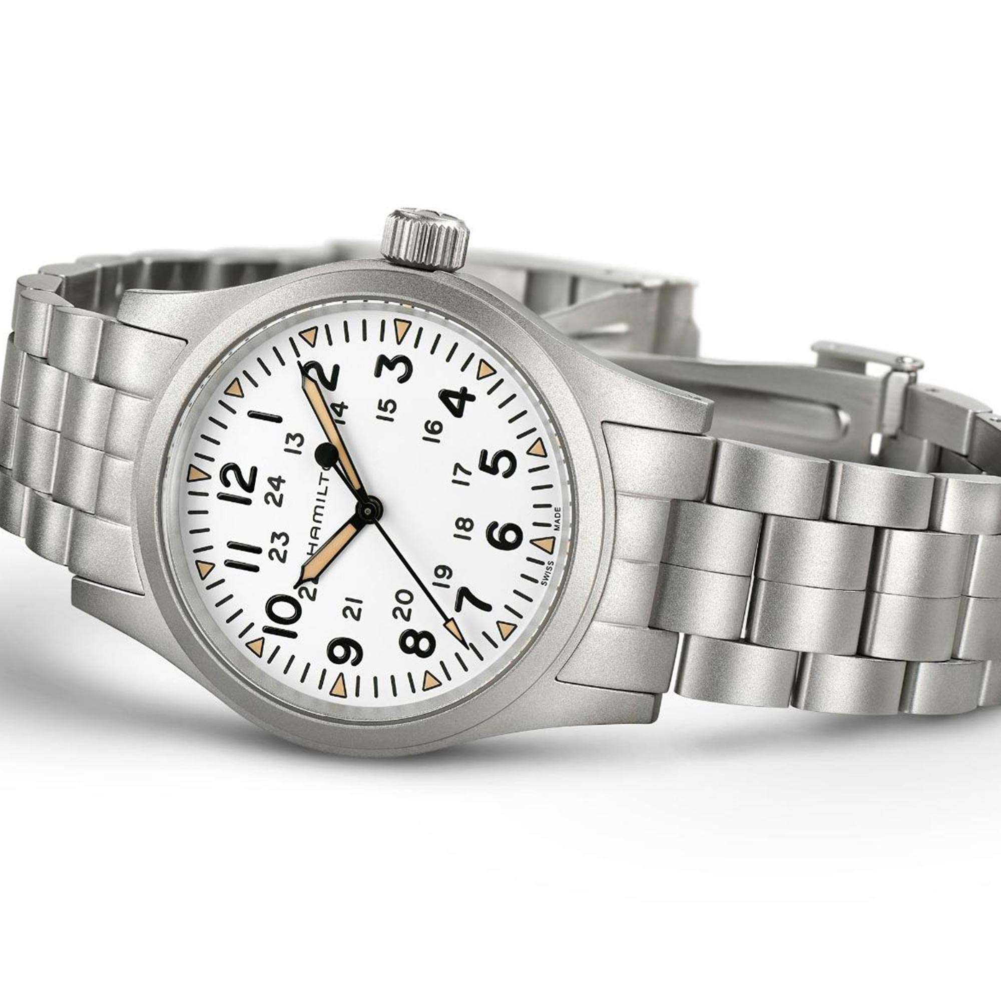 Hamilton Khaki Field Mechanical White Dial Stainless Steel Bracelet Men's Watch H69439111