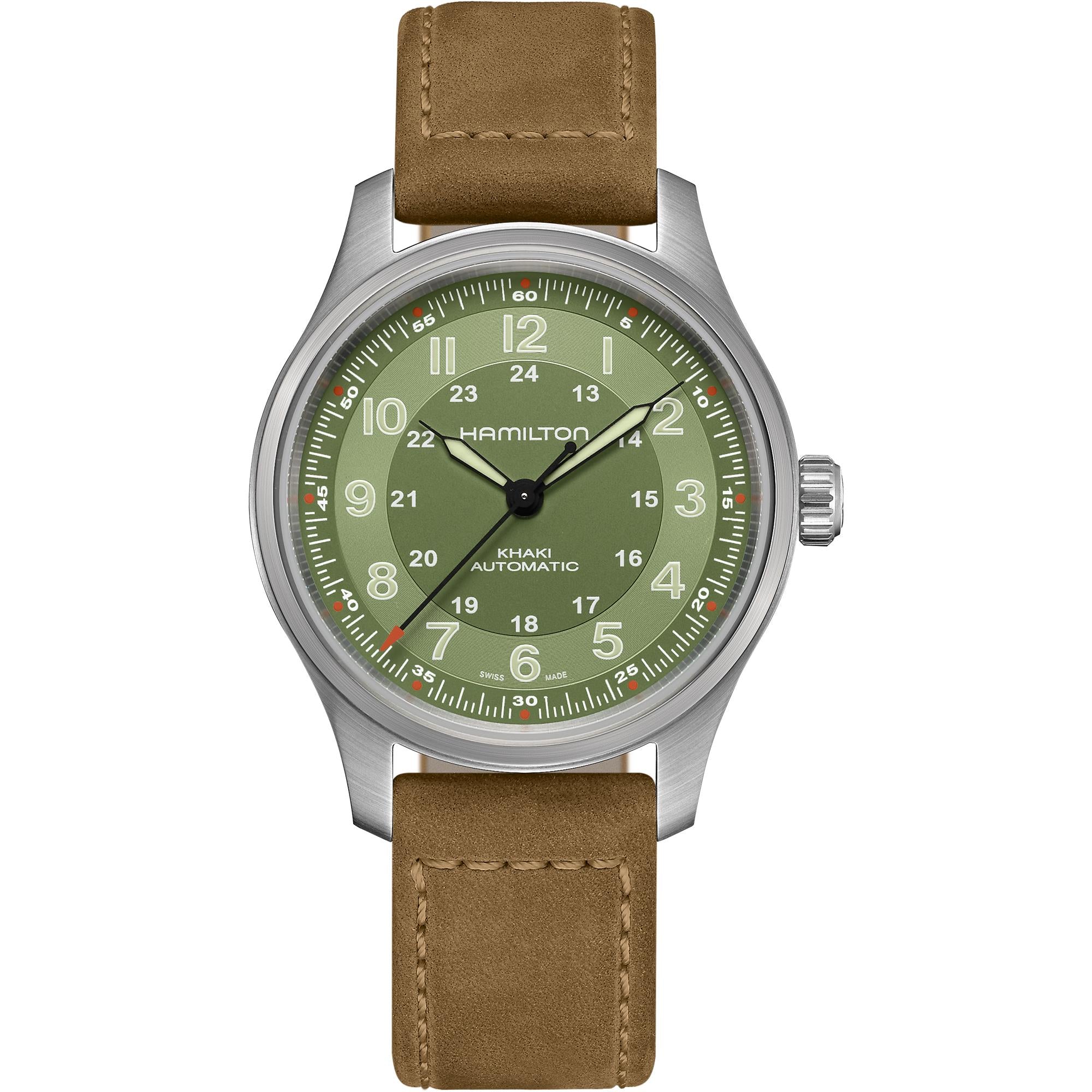 Hamilton Khaki Field Titanium Automatic Green Dial Brown Leather Strap Men's Watch H70545560