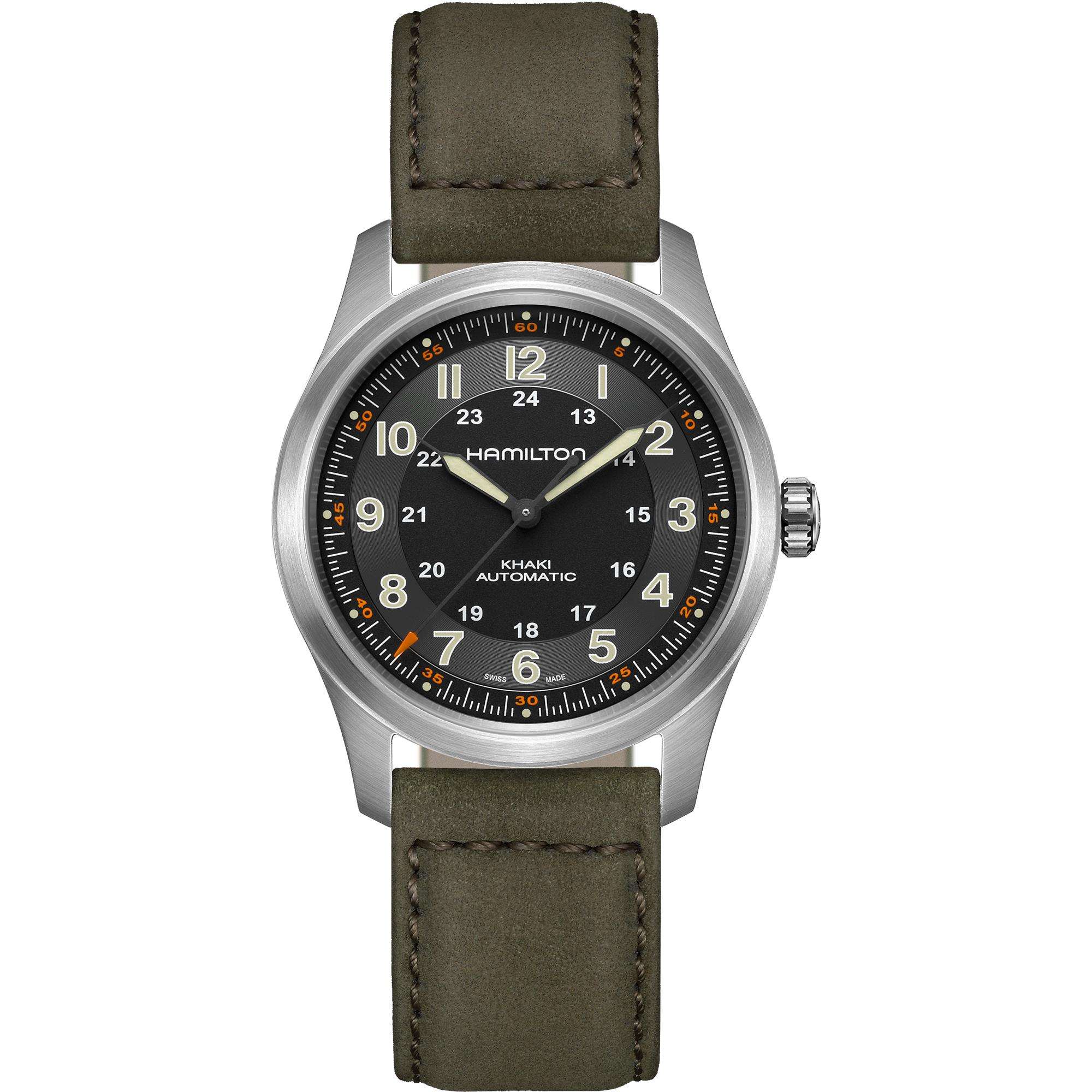 Hamilton Khaki Field Titanium Automatic Black Dial Green Leather Strap Men's Watch H70205830