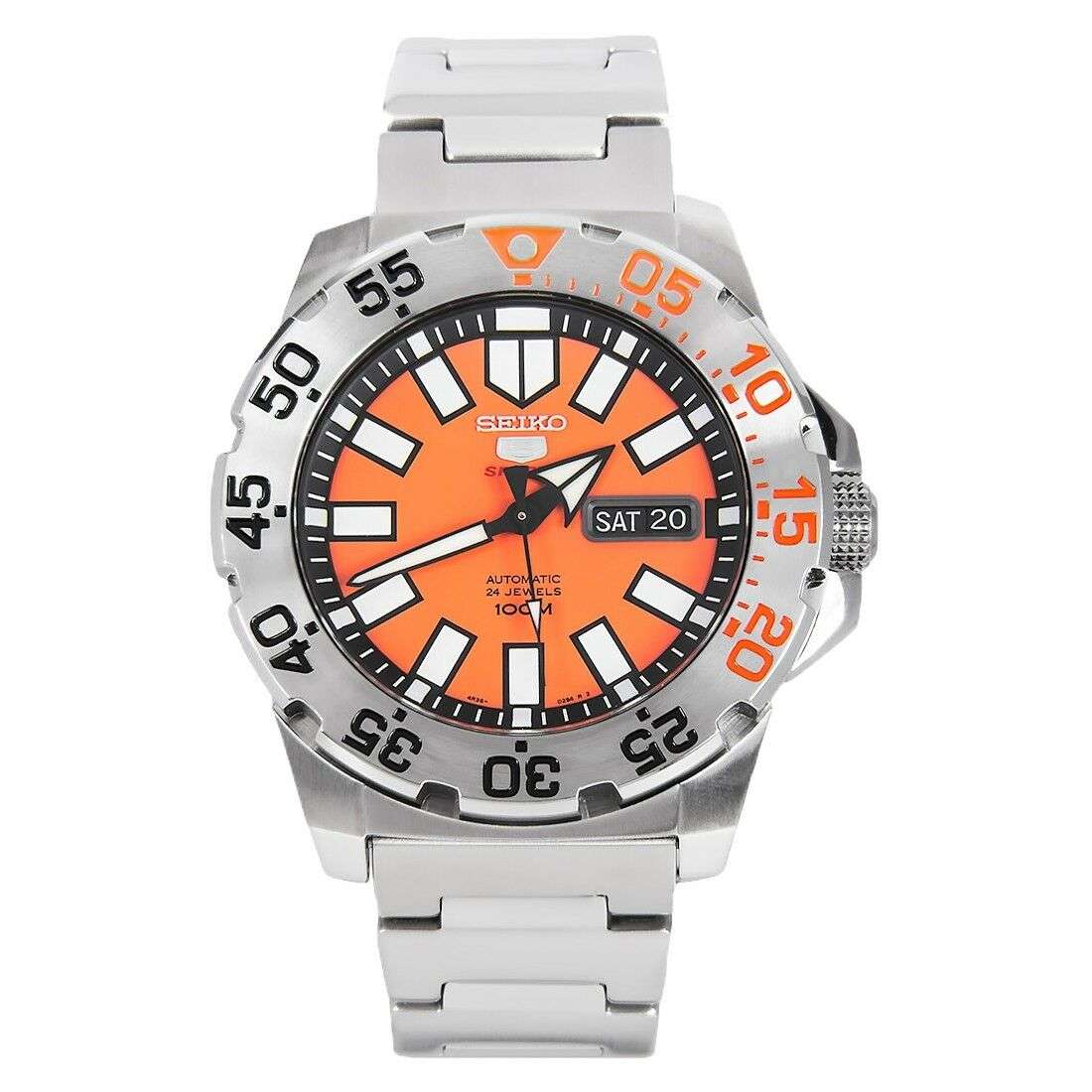 Seiko 5 Sports Diver Baby Orange Monster Silver Stainless Steel Orange Dial Men's Watch SRP483K1