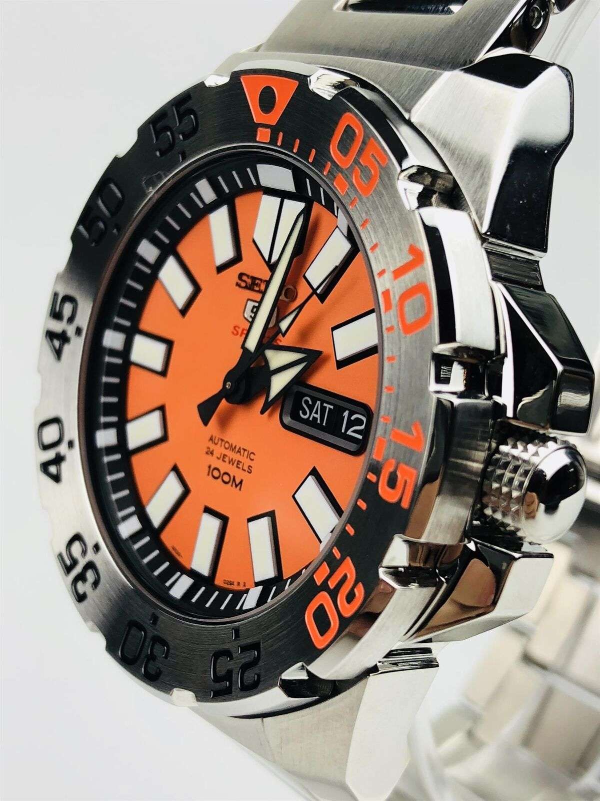 Seiko 5 Sports Diver Baby Orange Monster Silver Stainless Steel Orange Dial Men's Watch SRP483K1
