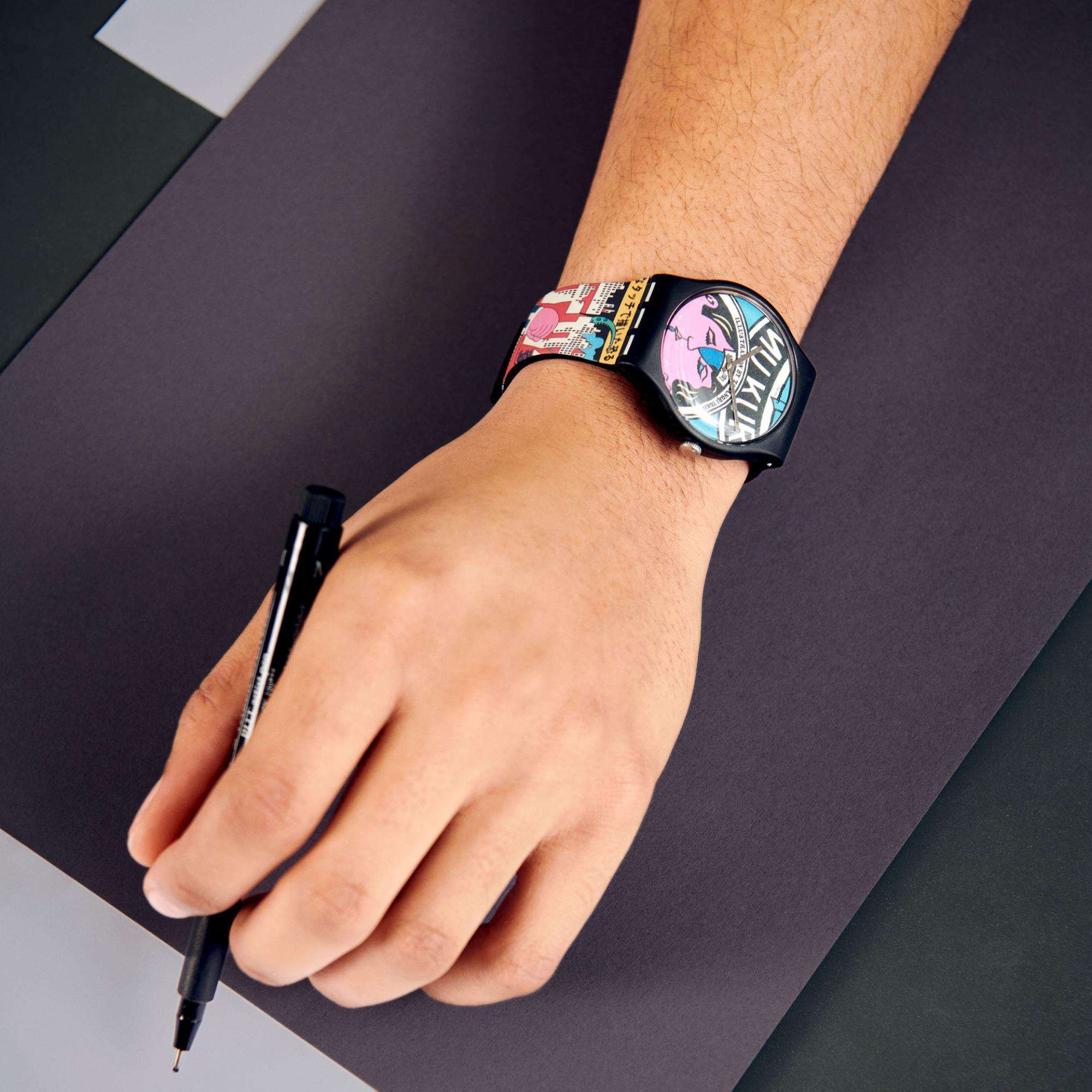 Swatch MoMA Quartz The City And Design, The Wonders Of Life Silicone Strap Ladies Watch SUOZ334