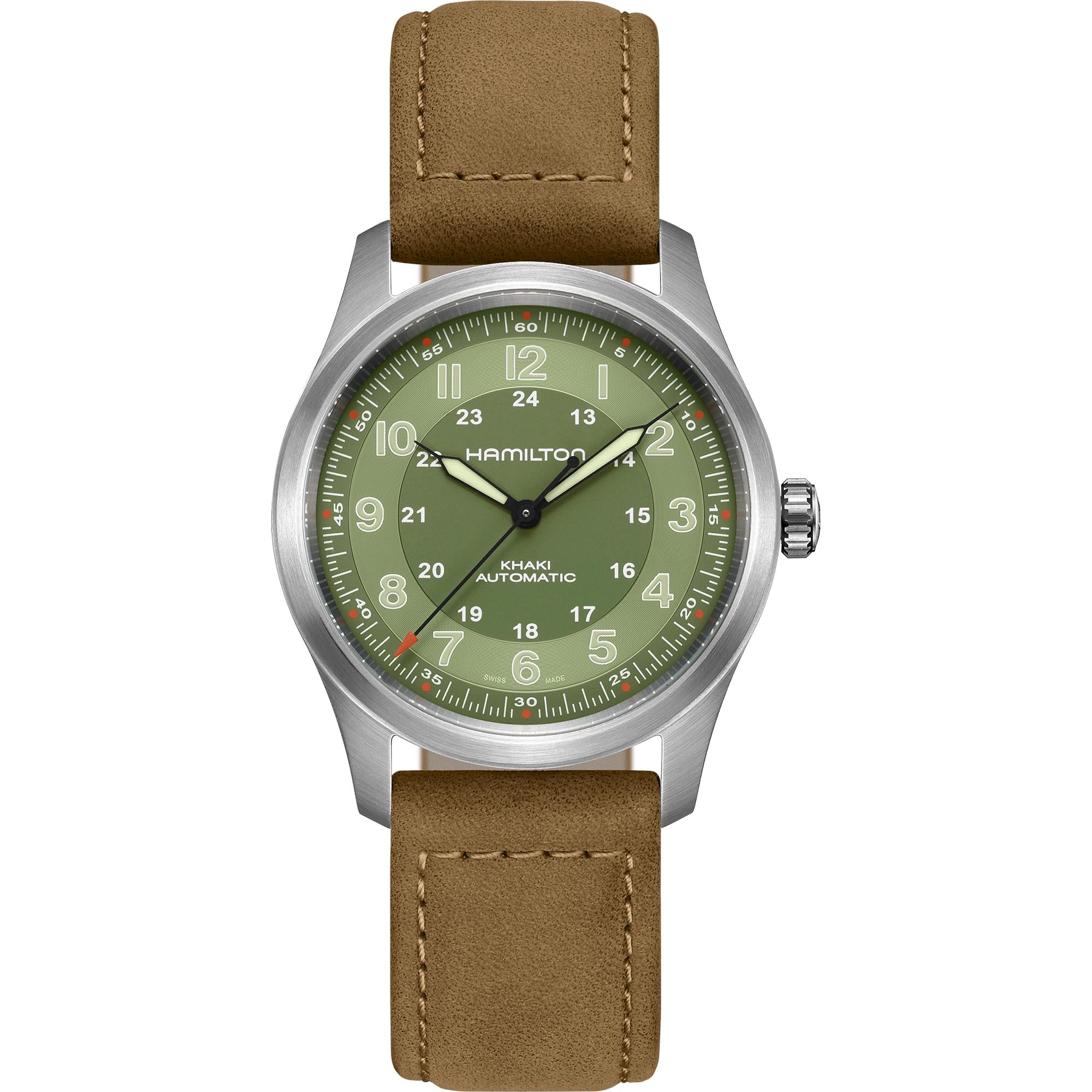 Hamilton Khaki Field Titanium Automatic Green Dial Brown Leather Strap Men's Watch H70205860