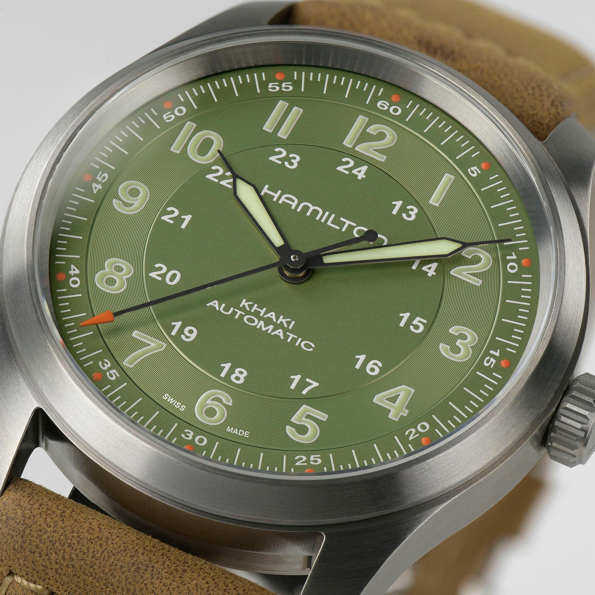 Hamilton Khaki Field Titanium Automatic Green Dial Brown Leather Strap Men's Watch H70205860