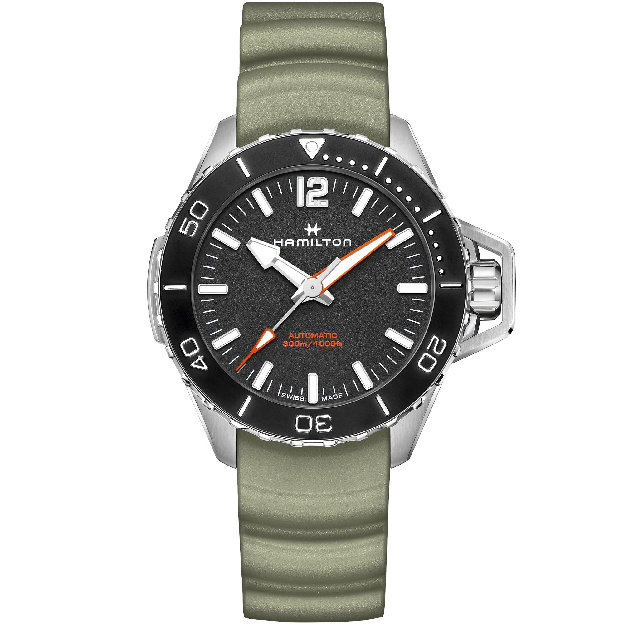 Hamilton Khaki Navy Frogman Automatic Black Dial Green Rubber Strap Men's Watch H77825331