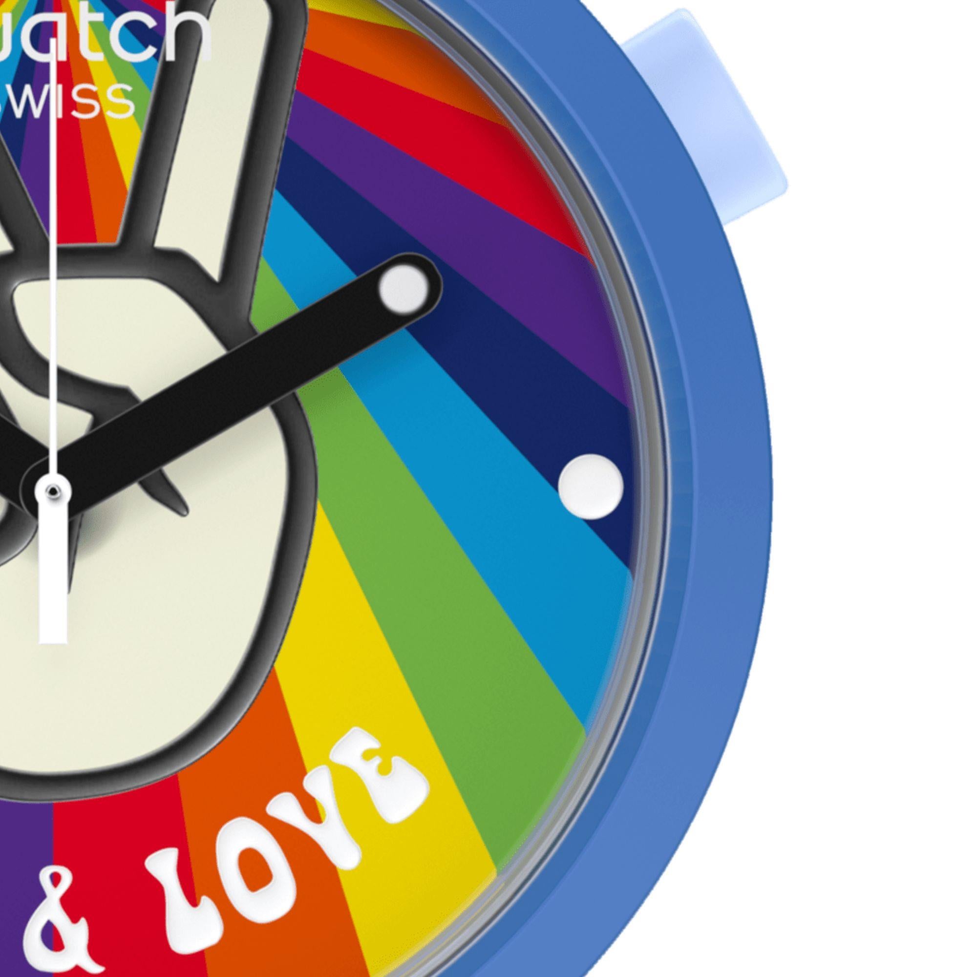 Swatch Big Bold Bioceramic Peace Hand Love Quartz White Dial Blue Silicone Strap Unisex Watch SB03N105