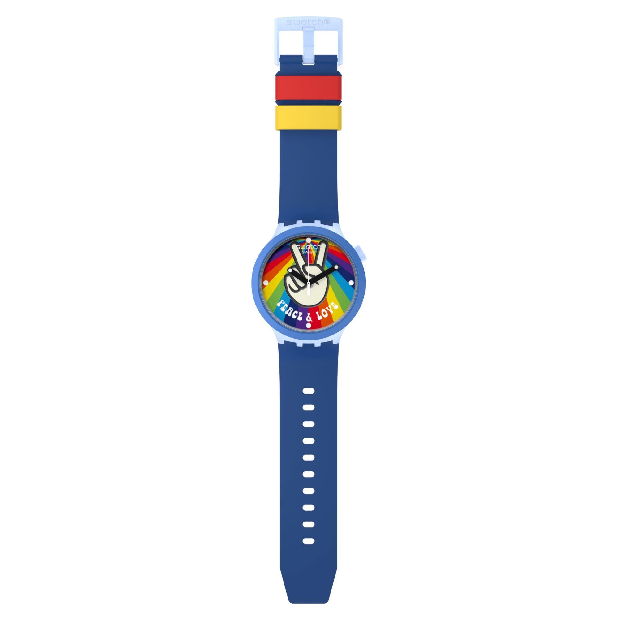 Swatch Big Bold Bioceramic Peace Hand Love Quartz White Dial Blue Silicone Strap Unisex Watch SB03N105