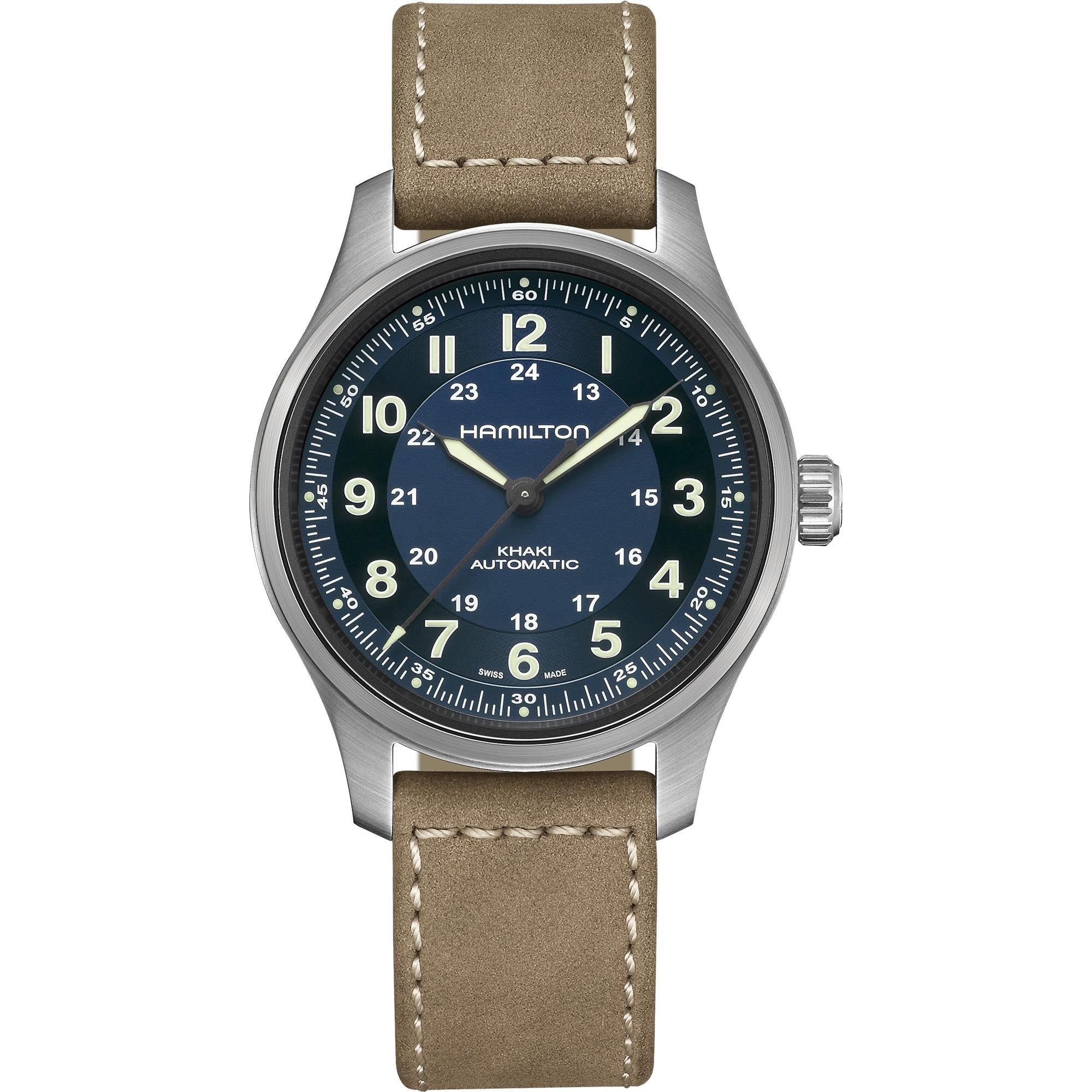 Hamilton Khaki Field Titanium Automatic Blue Dial Beige Leather Strap Men's Watch H70545540