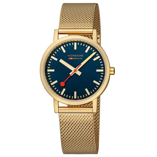 Mondaine Classic Deep Ocean Blue IP Gold Mesh Bracelet Blue Dial Unisex Watch A660.30314.40SBM