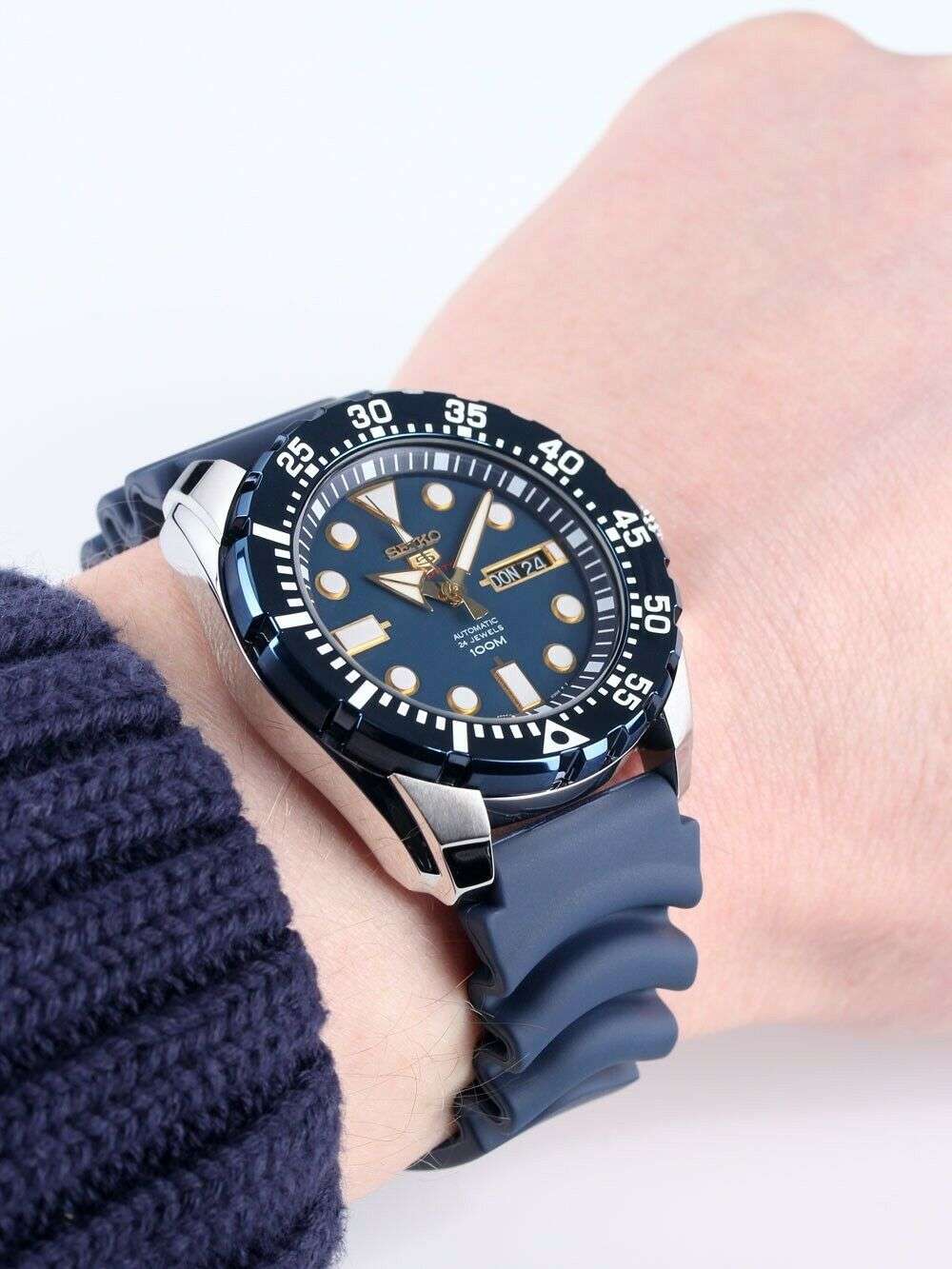 Seiko 5 Sports Automatic  'Blue Monster' Silicone Strap Blue Dial Men's Watch SRP605K2