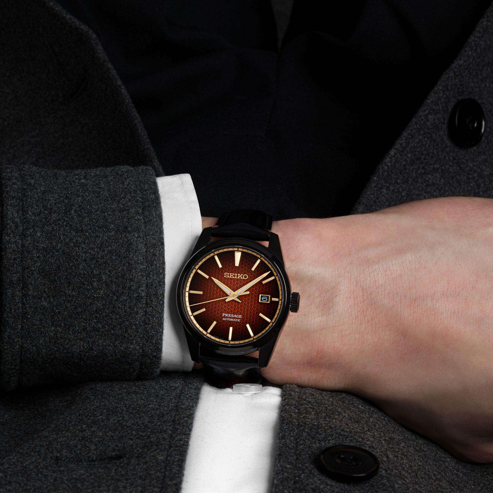 Seiko Limited Edition Presage Sharp Edged Kabuki Red Dial Black Leather Strap Men's Watch SPB331J1