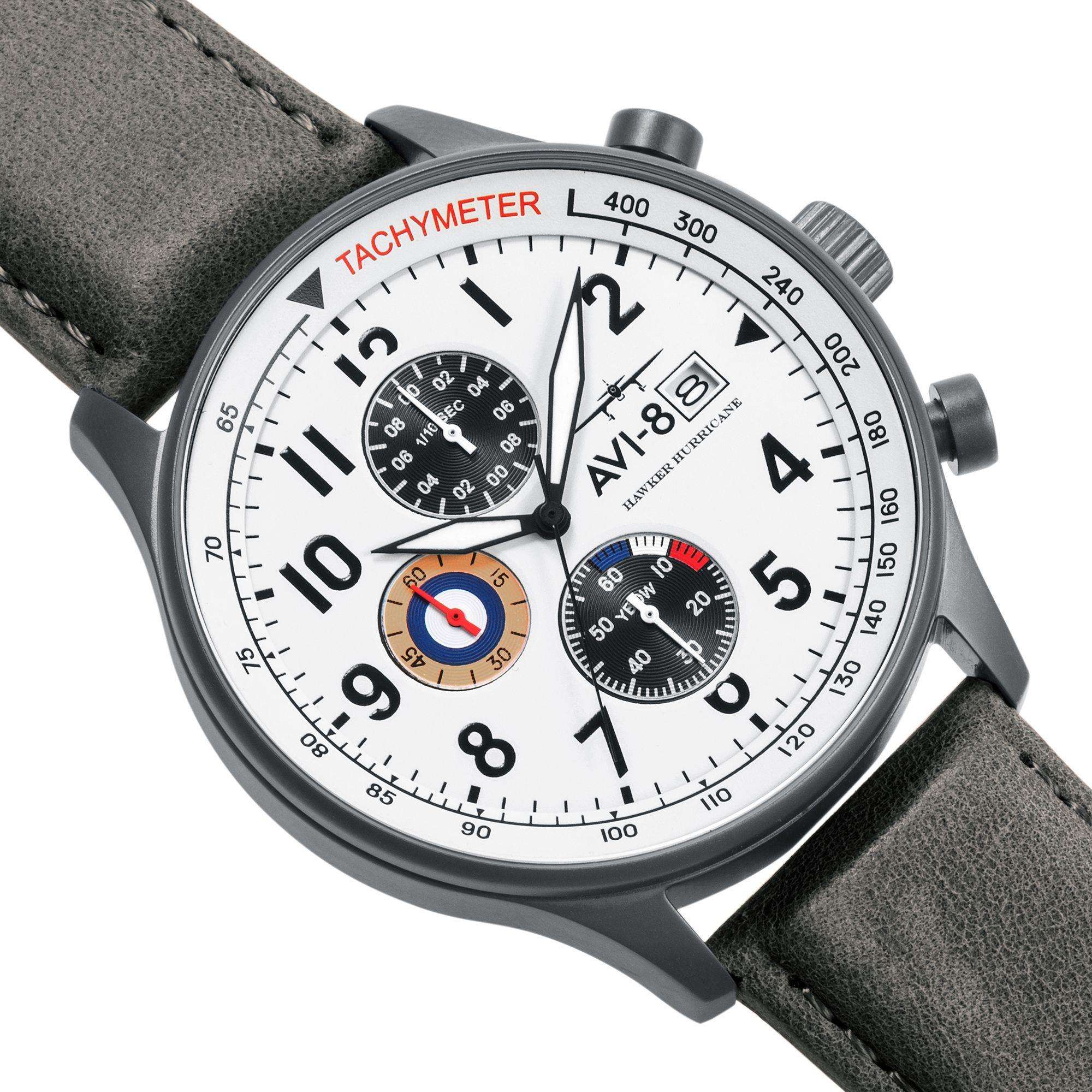 The AVI-8 Hawker Hurricane Classic Chronograph White Dial Grey Leather Strap Mens Watch AV-4011-0B